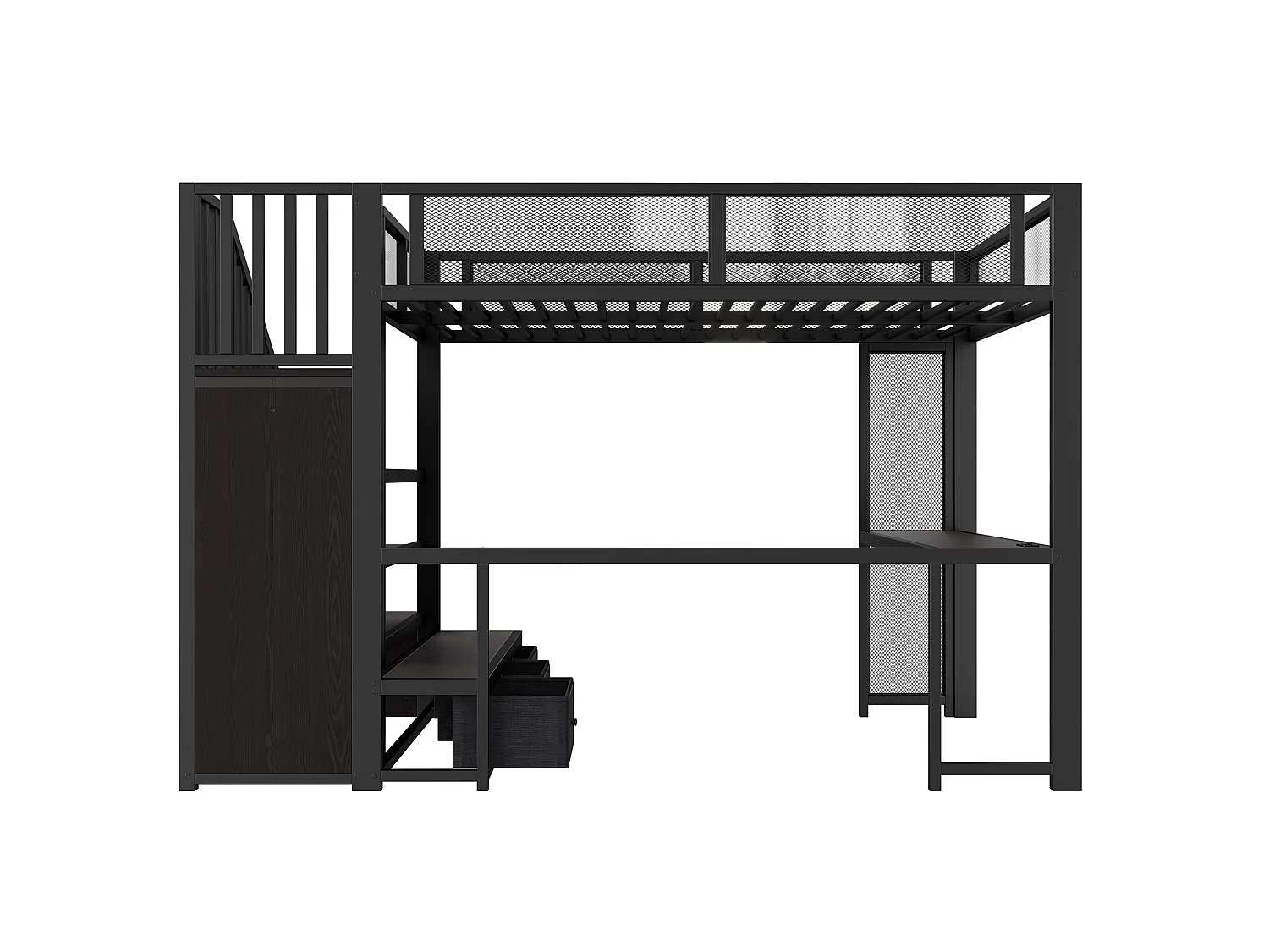 Loftseng 140 x 200 cm med skrivebord, 3 stofskuffer, garderobeskab, trappe og LED-belysning - Metal - Sort (Madras medfølger ikke)