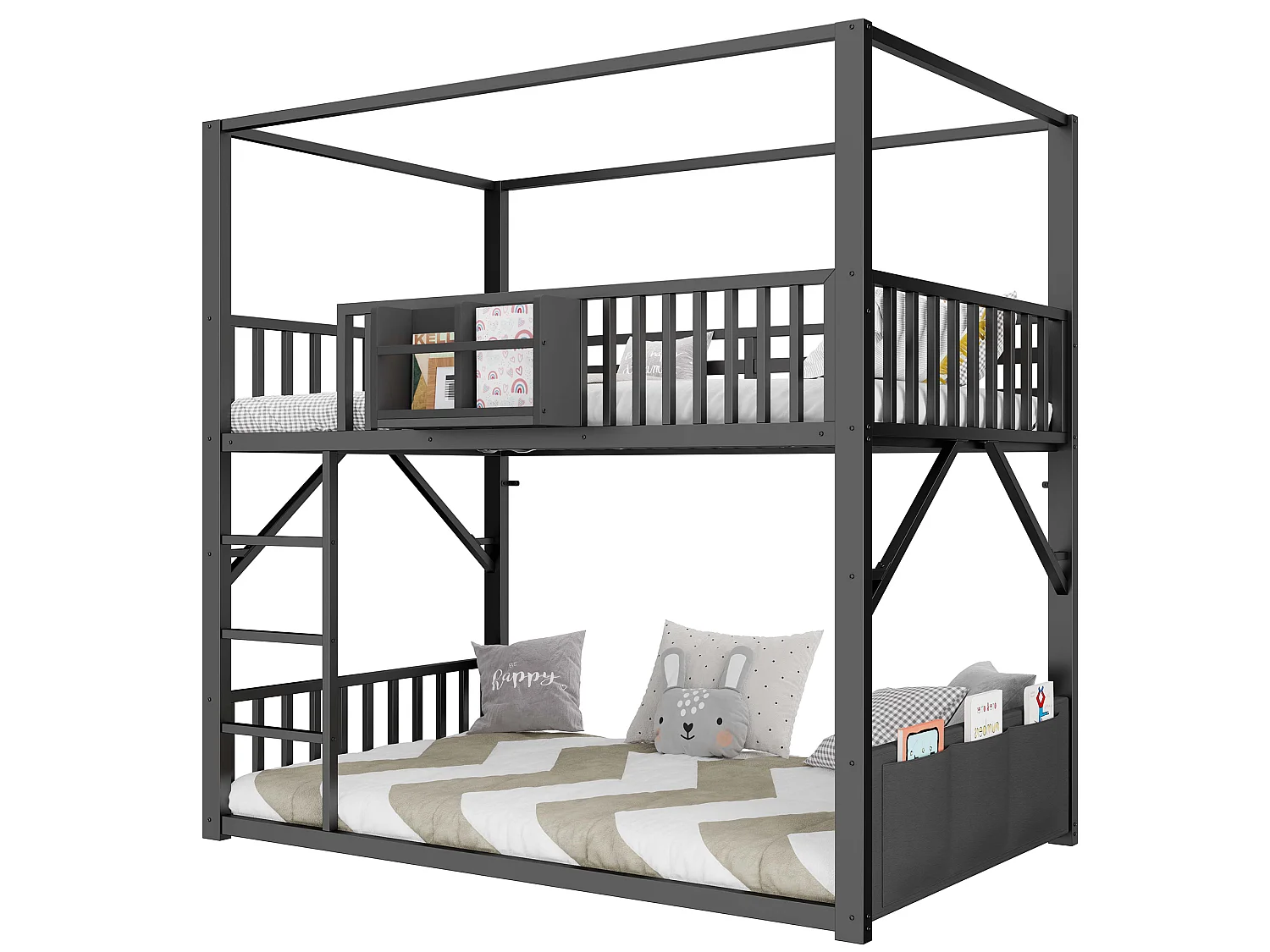 Børnehøjseng 90 x 200 cm med garderobe og sengehest - Metal - Sort (Madras medfølger ikke)