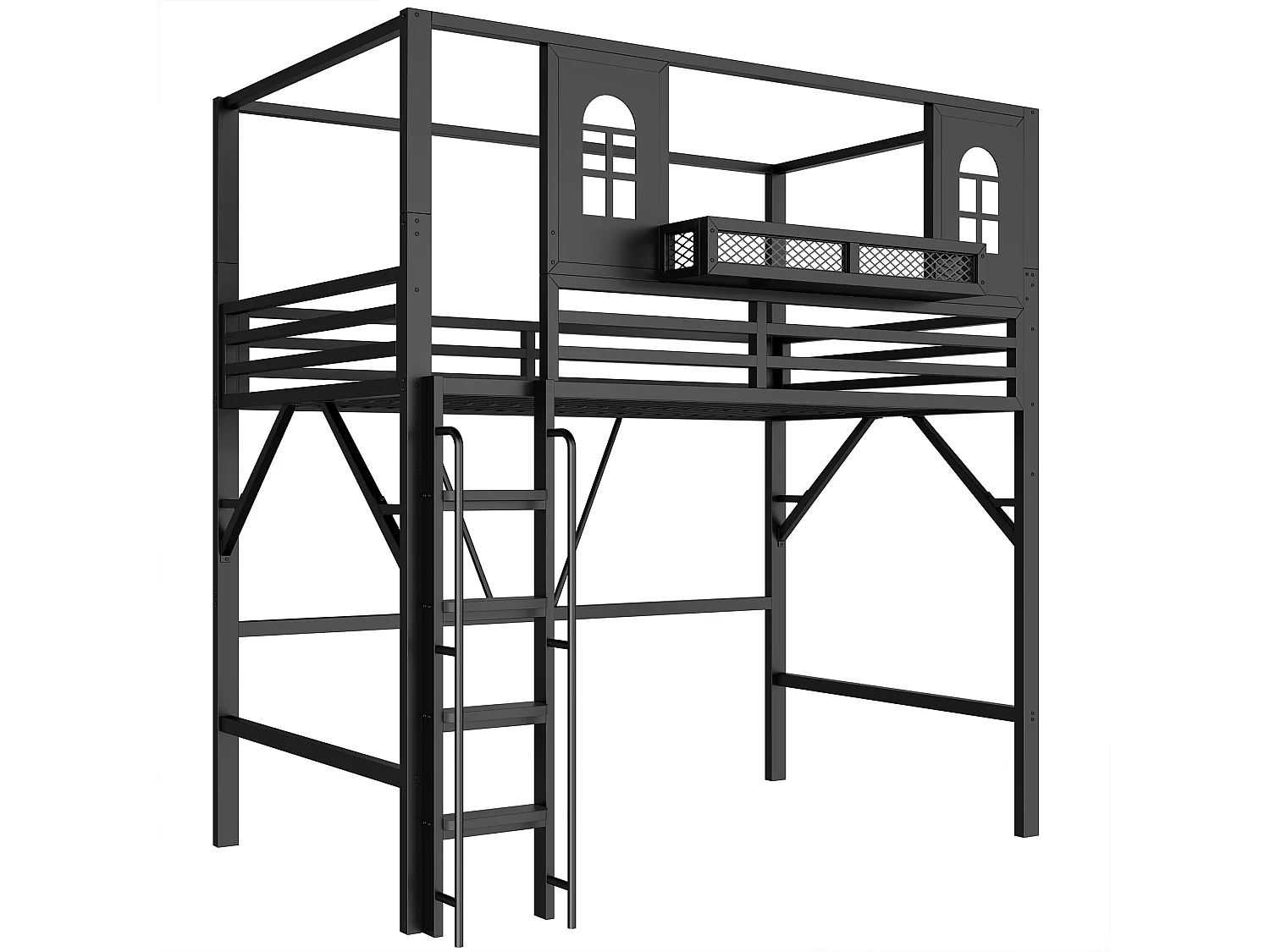Loftseng 90 x 200 cm med tag, vinduer, stige med gelænder og legeplads - Metal - Sort (Madras medfølger ikke)