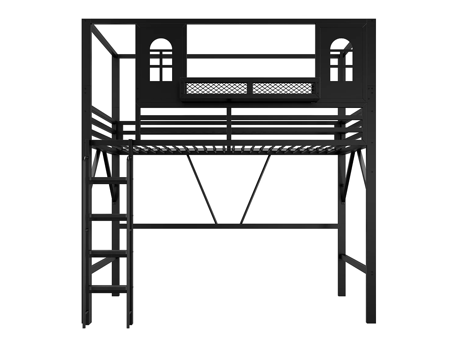 Loftseng 90 x 200 cm med tag, vinduer, stige med gelænder og legeplads - Metal - Sort (Madras medfølger ikke)