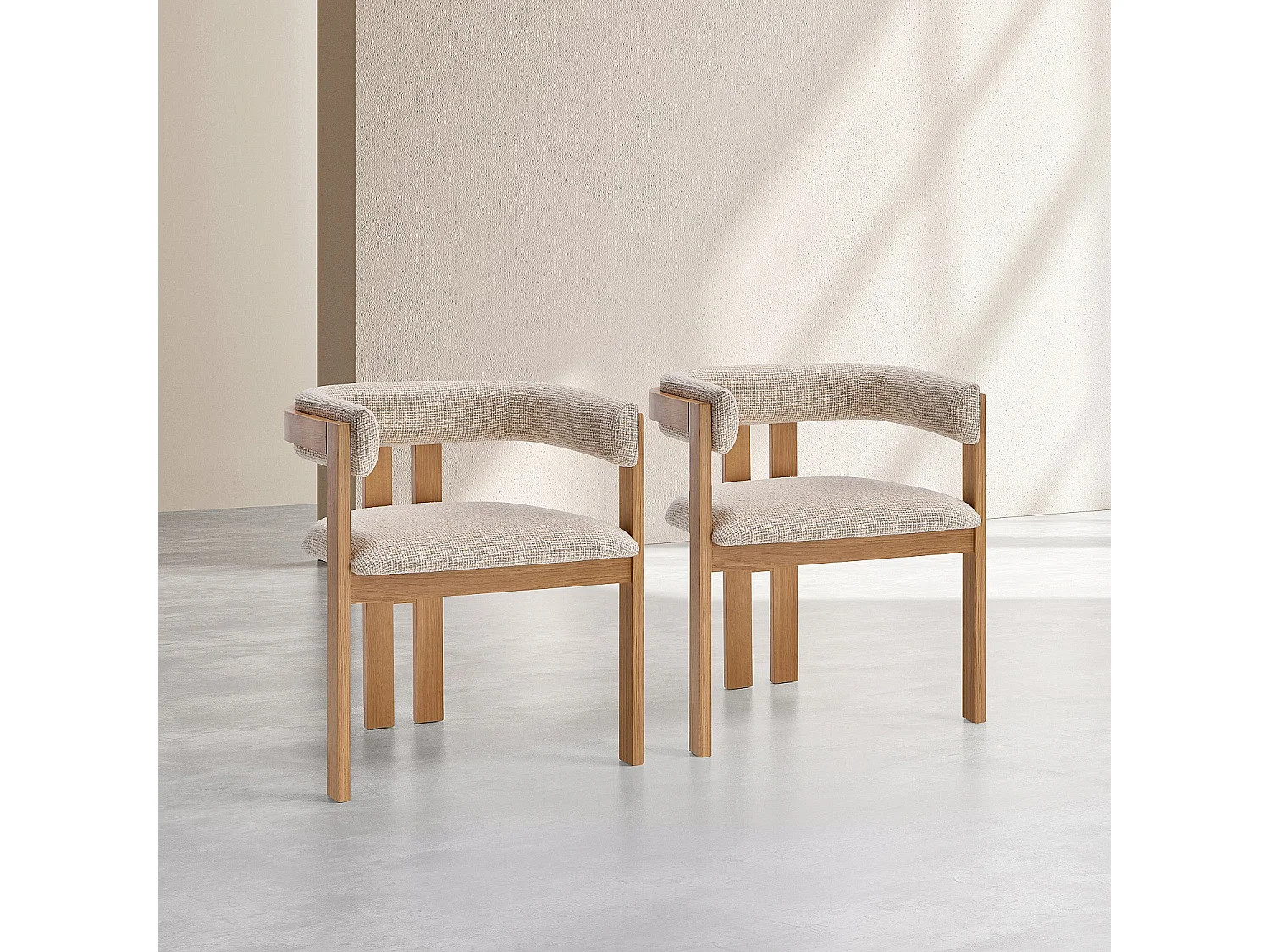 Habitat - Lot de 2 chaises en tissu texturé et chêne massif avec accoudoirs - Crème mélangé - Dalya