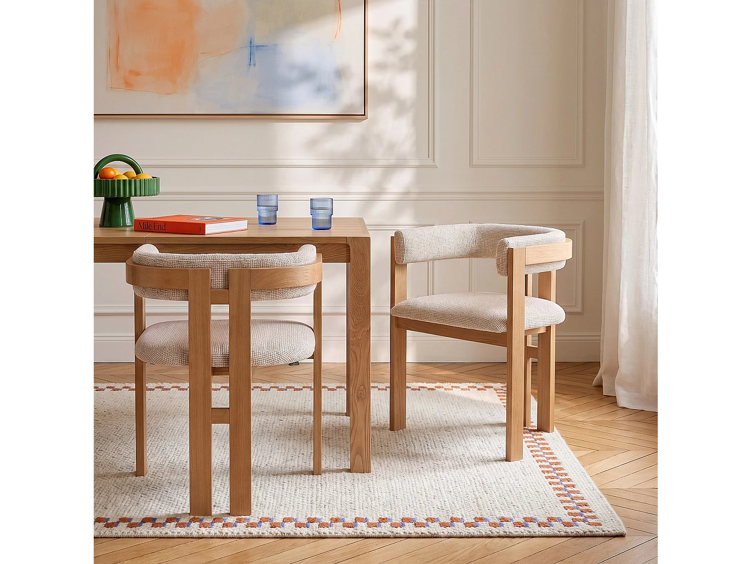 Habitat - Lot de 2 chaises en tissu texturé et chêne massif avec accoudoirs - Crème mélangé - Dalya