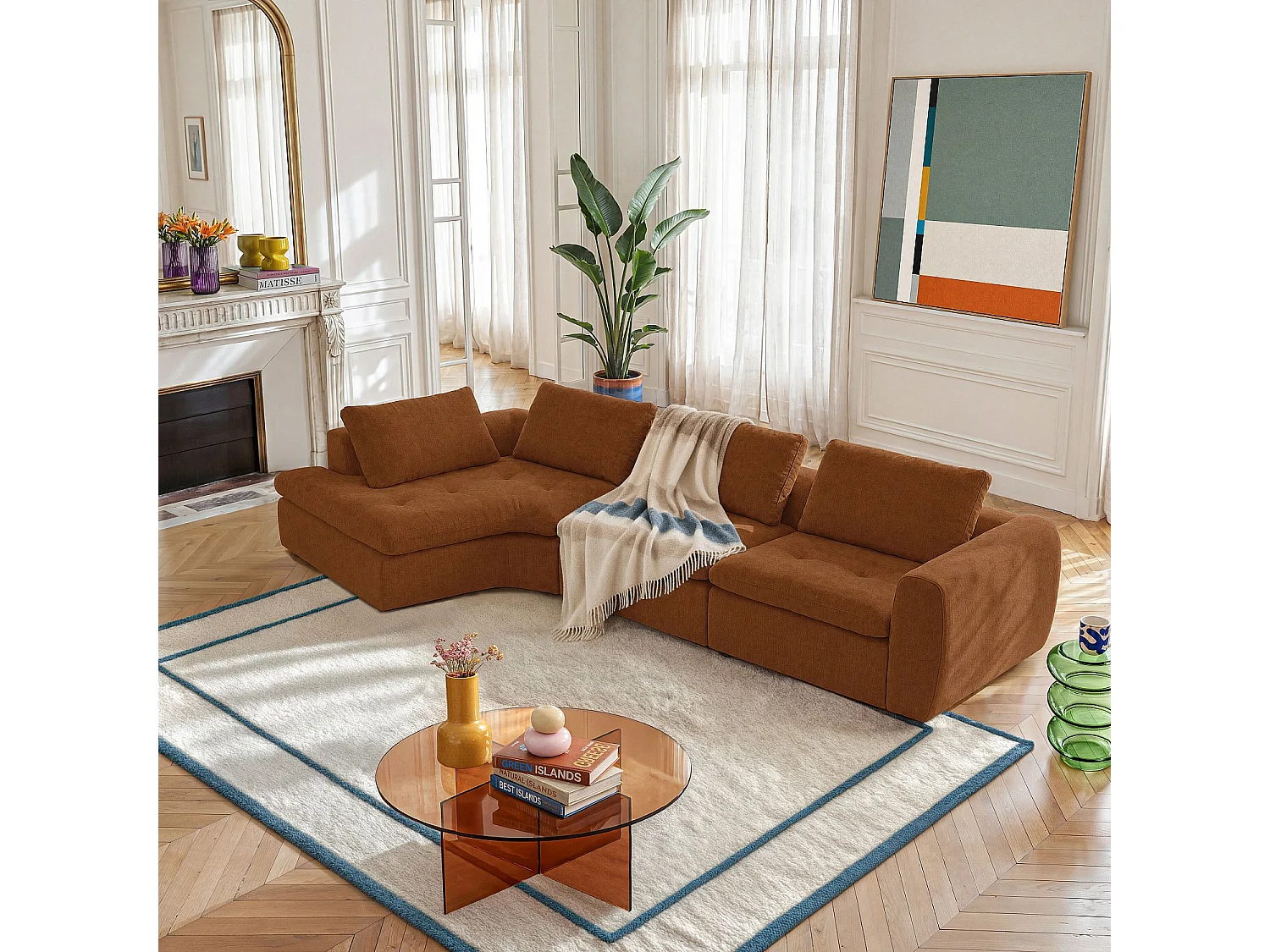 Habitat - Grand canapé d'angle gauche incurvé modulable en tissu - Marron noisette - Ameria