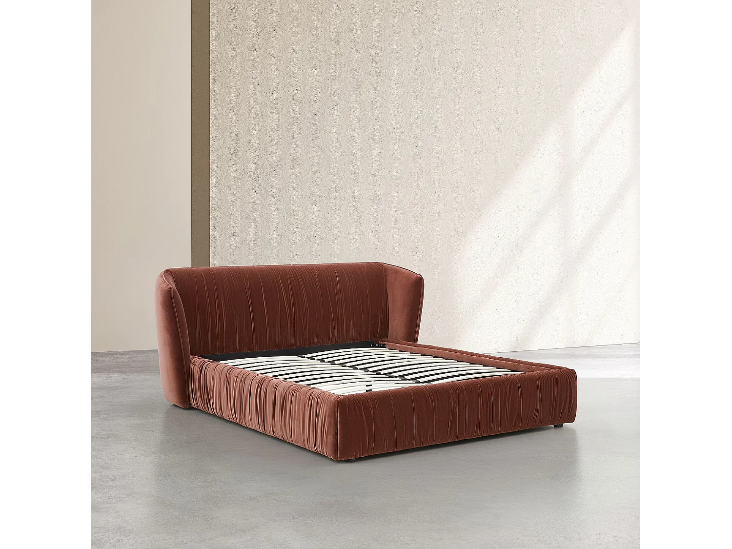 Habitat - Lit 160 x 200 cm en tissu plissé - Marron cuivré - Evora