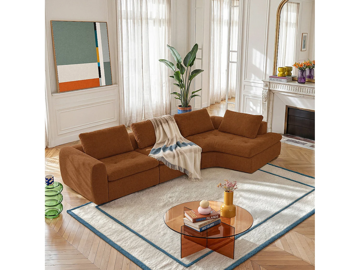 Habitat - Grand canapé d'angle droit incurvé modulable en tissu - Marron noisette - Ameria