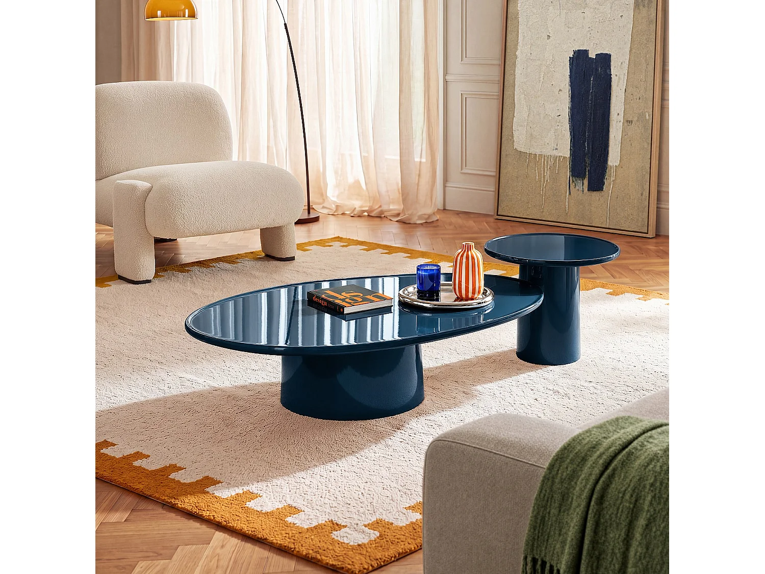 Habitat - Table d'appoint ronde laquée - Bleu canard - Theo