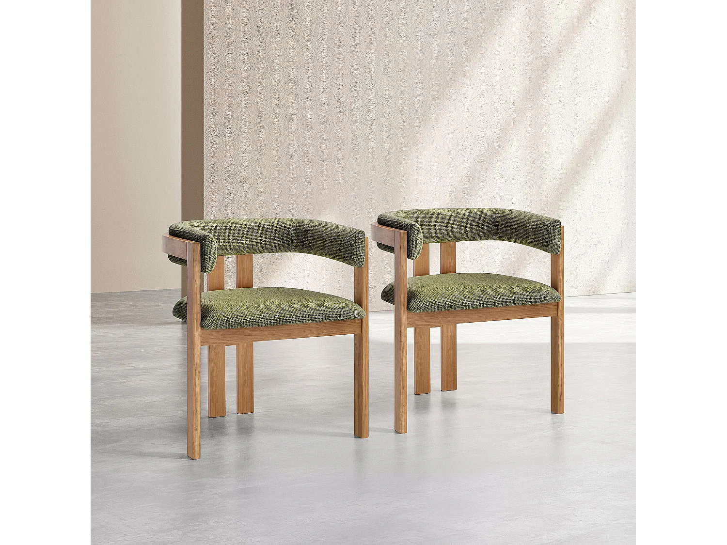 Habitat - Lot de 2 chaises en tissu texturé et chêne massif avec accoudoirs - Vert kaki mélangé - Dalya