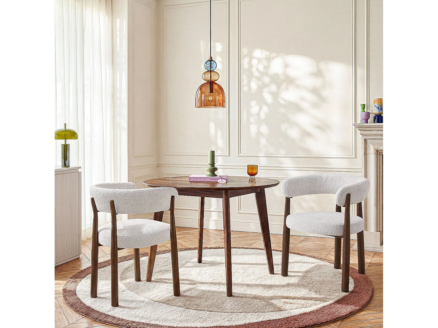 Habitat - Lot de 2 chaises en tissu et métal finition noyer avec accoudoirs - Blanc cassé - Bryne