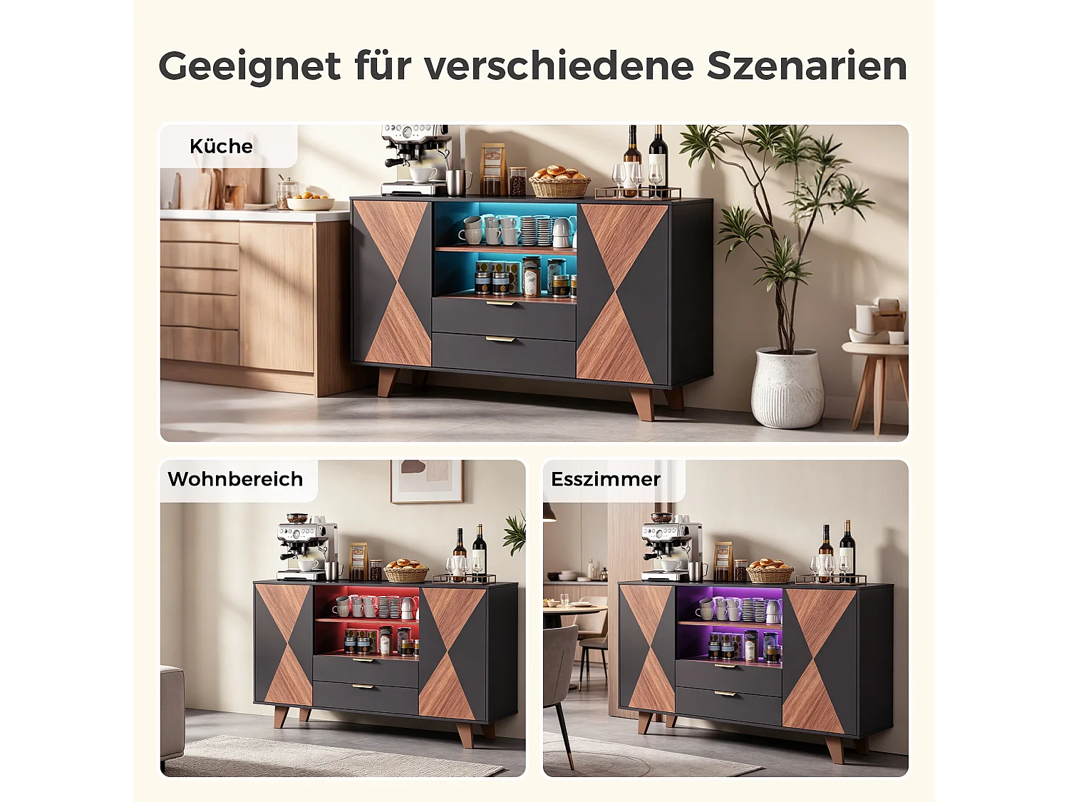 Keukendressoir met RGB LED-verlichting, 2 lades, open vakken en 2 deuren - MDF - 150 x 40 x 90 cm - Naturel en zwart