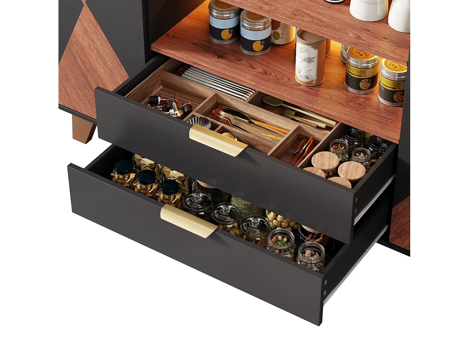 Keukendressoir met RGB LED-verlichting, 2 lades, open vakken en 2 deuren - MDF - 150 x 40 x 90 cm - Naturel en zwart