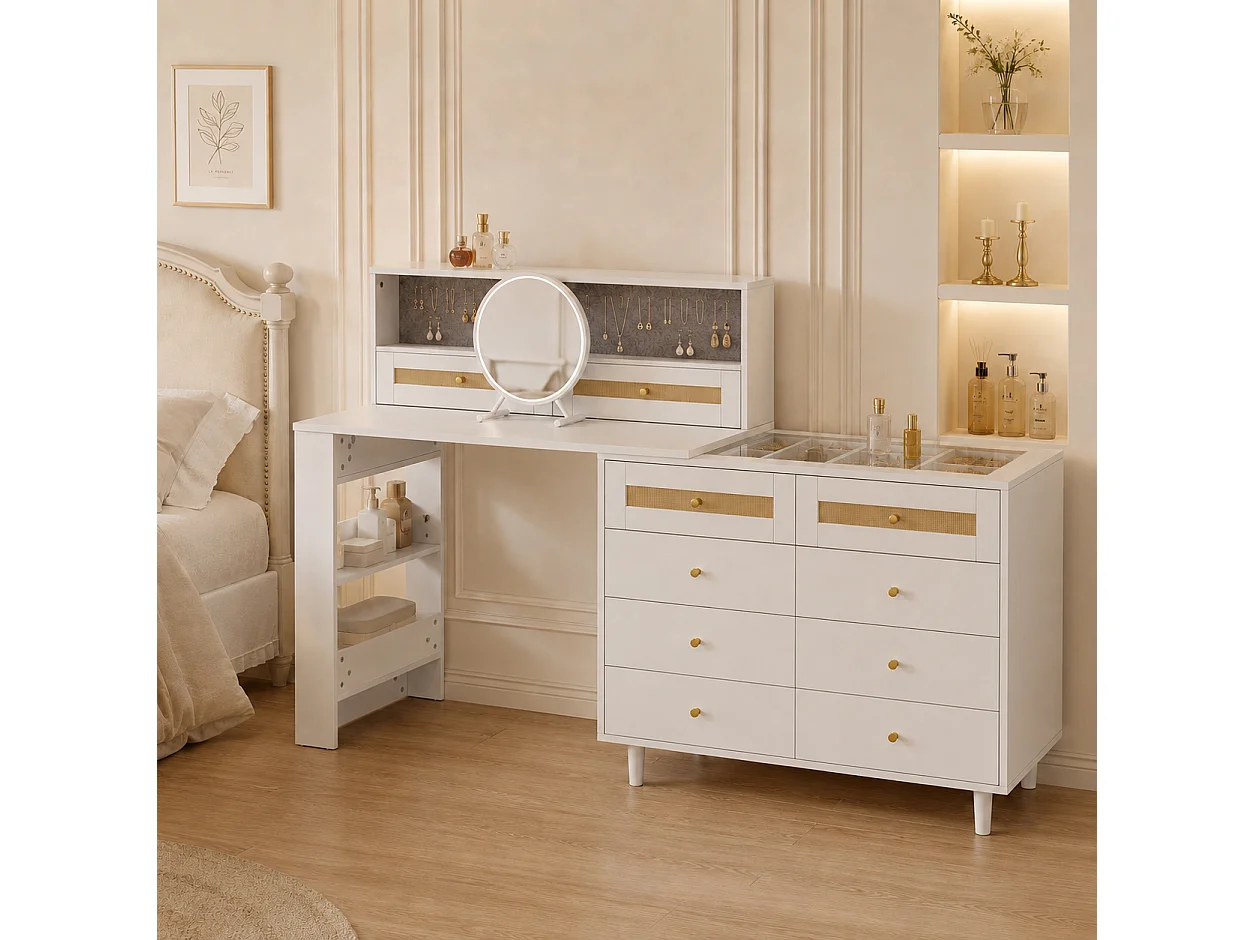 Modularer 3-in-1-Schminktisch 105 cm - Schminktisch mit 10 Schubladen, Glasplatte, seitlichem Regal & Rattan-Details - Weiß