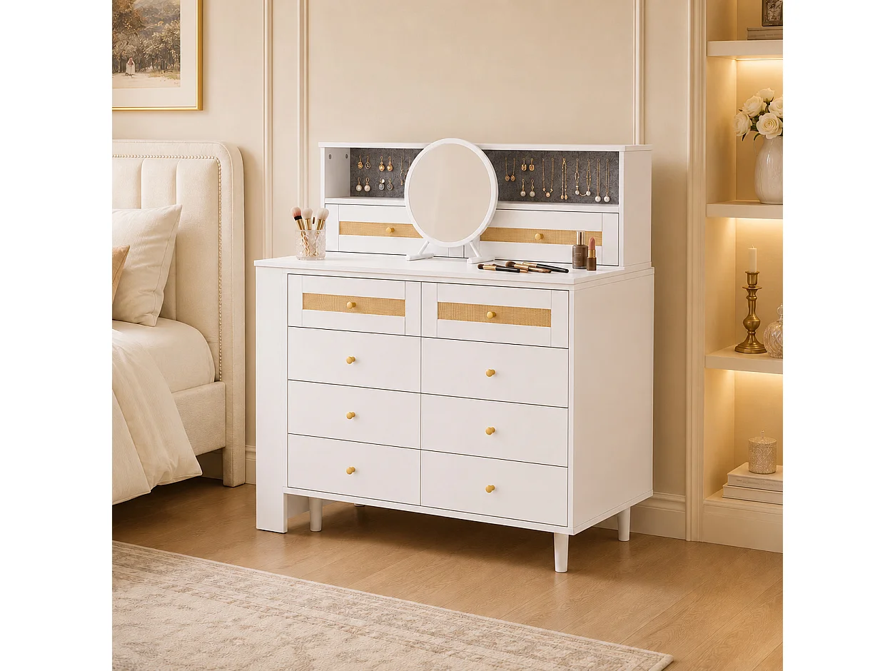 Modularer 3-in-1-Schminktisch 105 cm - Schminktisch mit 10 Schubladen, Glasplatte, seitlichem Regal & Rattan-Details - Weiß