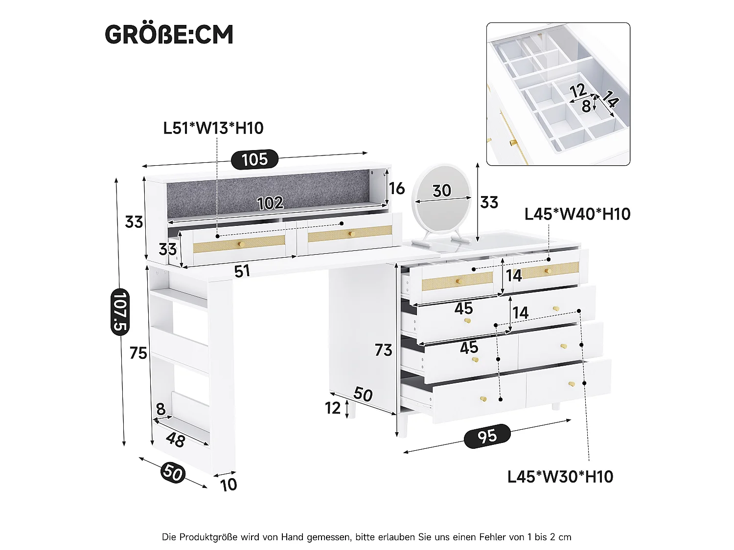 Modularer 3-in-1-Schminktisch 105 cm - Schminktisch mit 10 Schubladen, Glasplatte, seitlichem Regal & Rattan-Details - Weiß