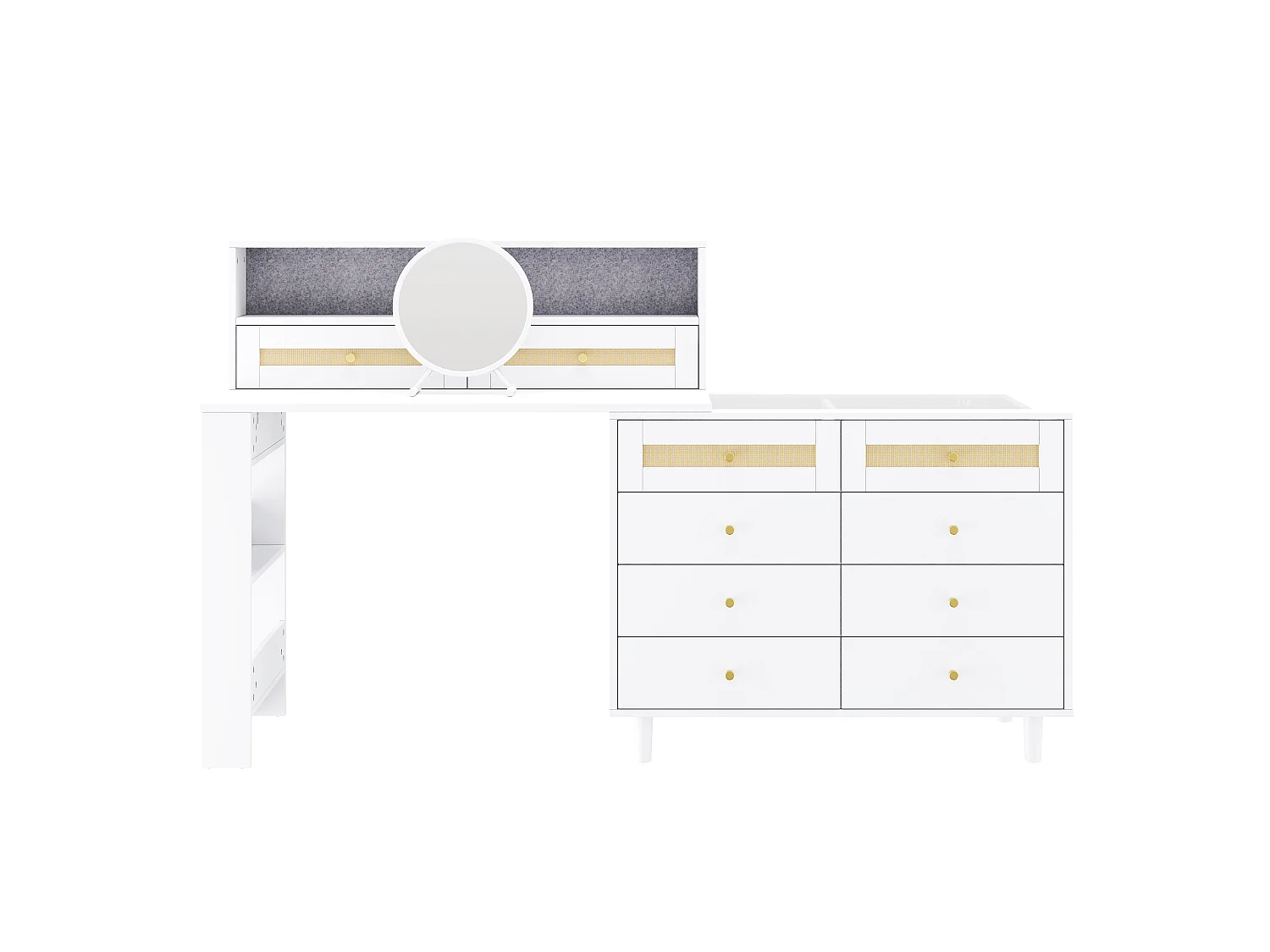Modularer 3-in-1-Schminktisch 105 cm - Schminktisch mit 10 Schubladen, Glasplatte, seitlichem Regal & Rattan-Details - Weiß