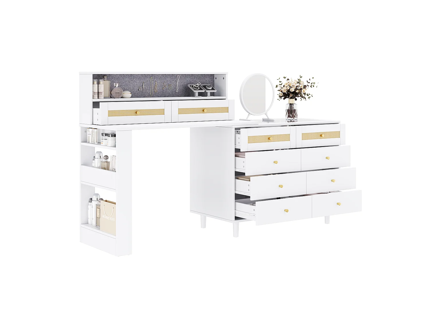 Modularer 3-in-1-Schminktisch 105 cm - Schminktisch mit 10 Schubladen, Glasplatte, seitlichem Regal & Rattan-Details - Weiß