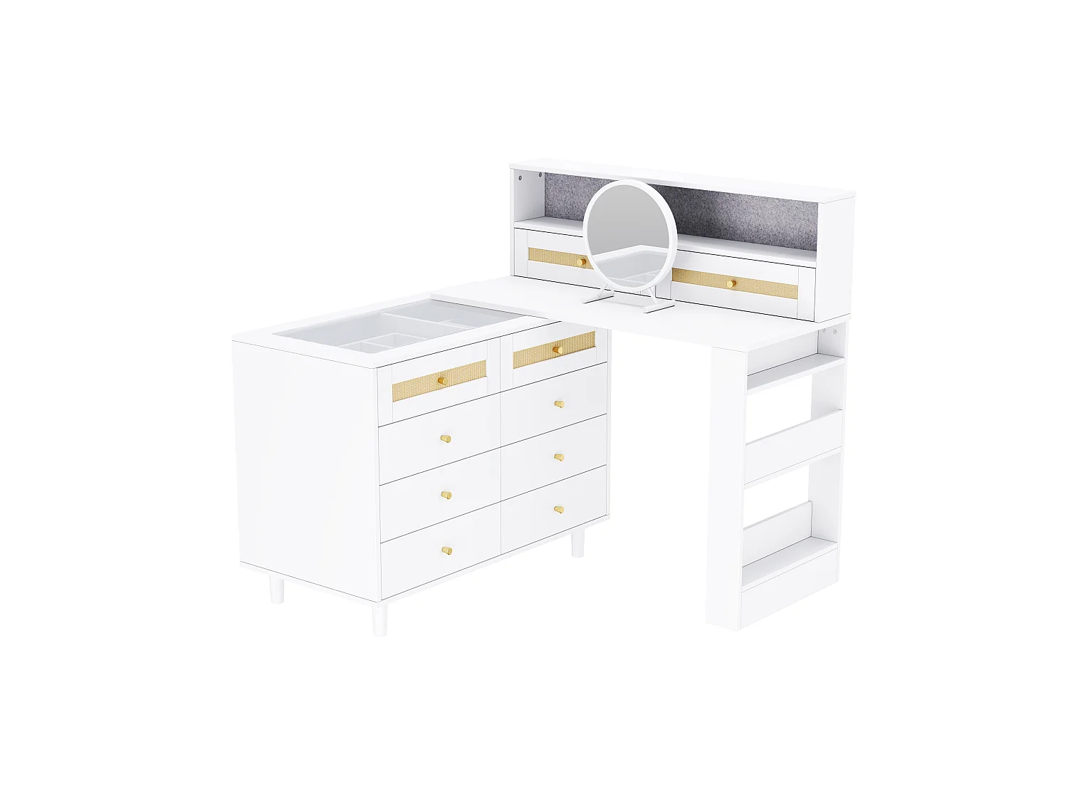 Modularer 3-in-1-Schminktisch 105 cm - Schminktisch mit 10 Schubladen, Glasplatte, seitlichem Regal & Rattan-Details - Weiß