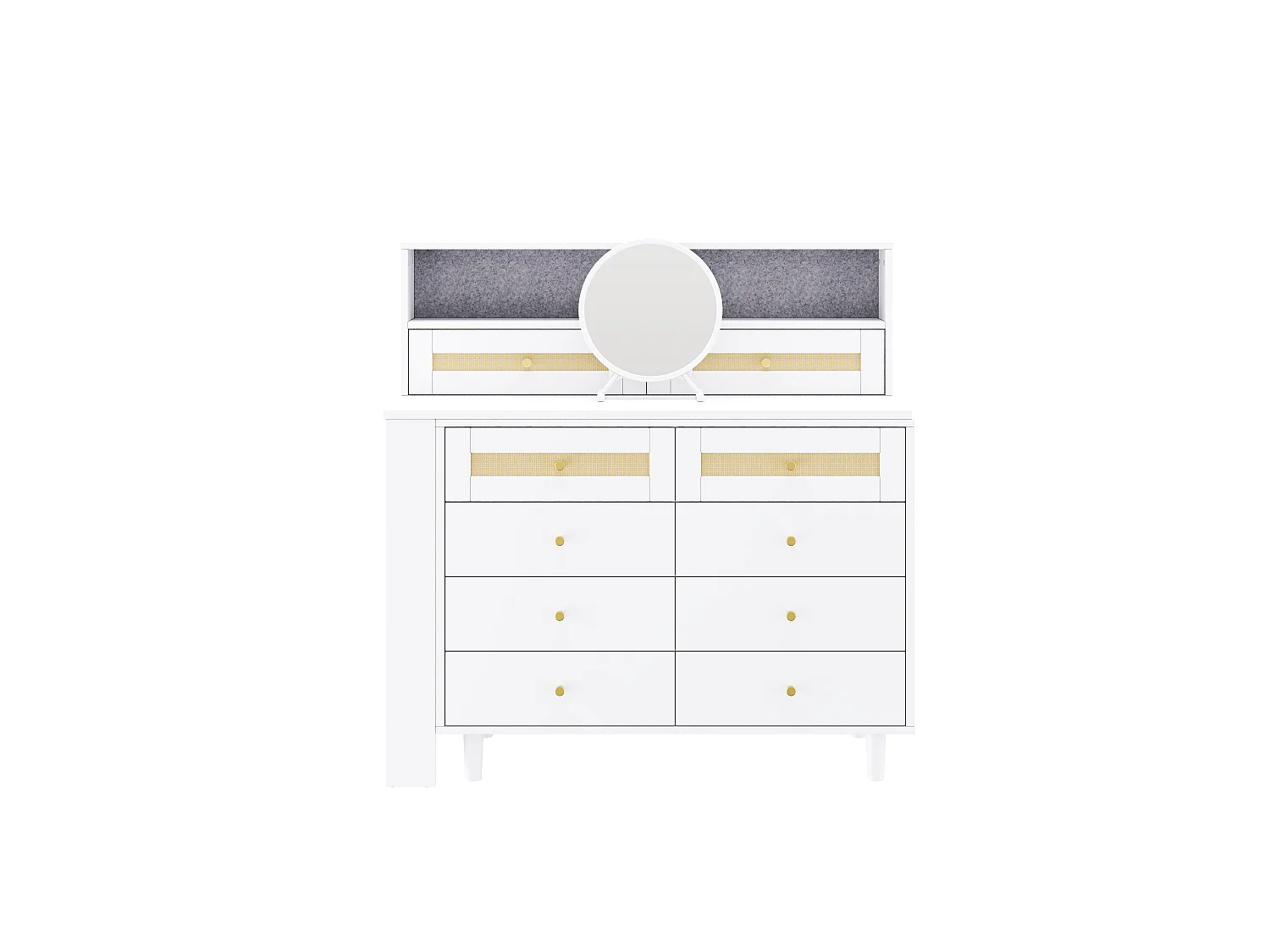 Modularer 3-in-1-Schminktisch 105 cm - Schminktisch mit 10 Schubladen, Glasplatte, seitlichem Regal & Rattan-Details - Weiß
