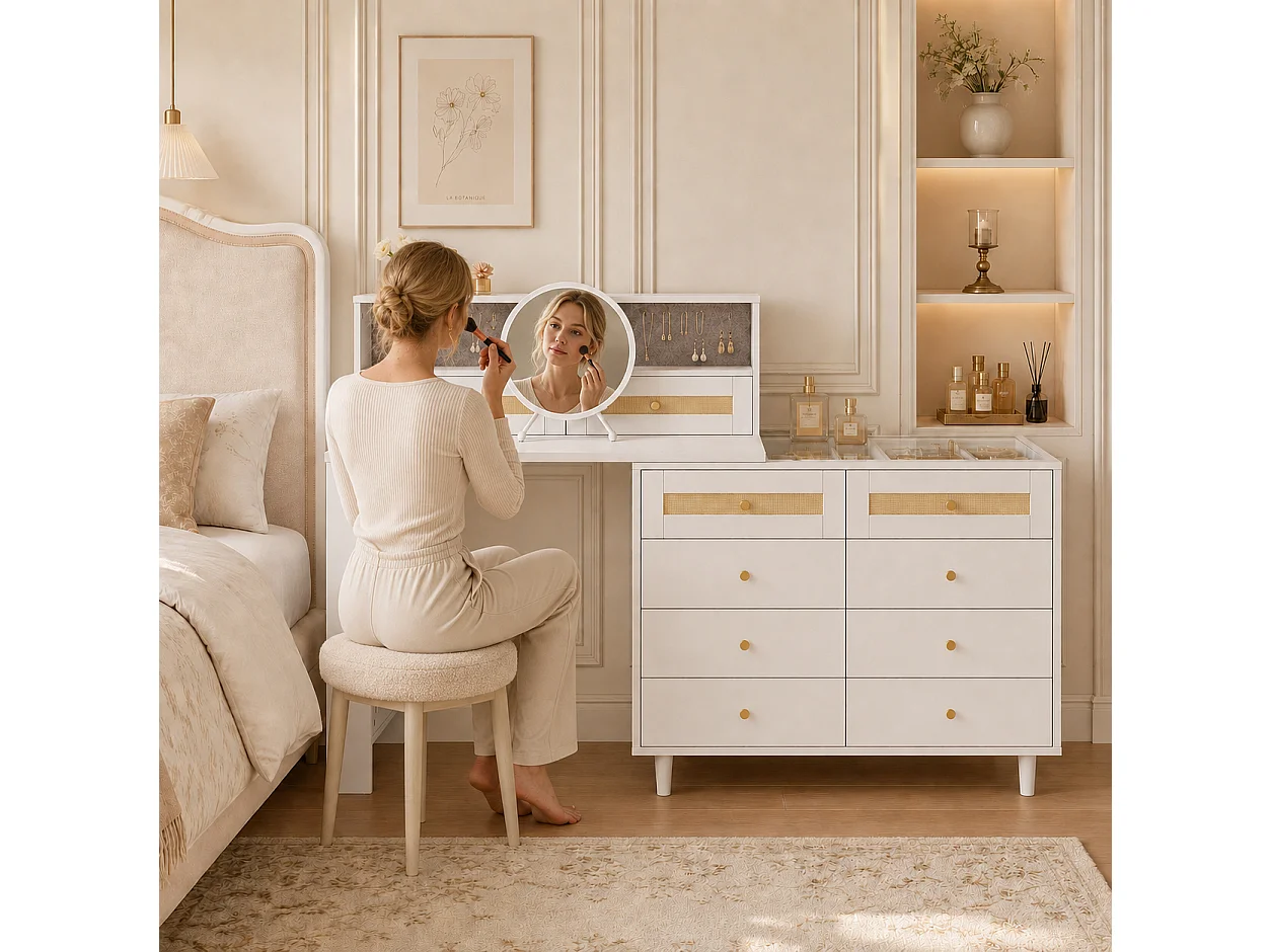 Modularer 3-in-1-Schminktisch 105 cm - Schminktisch mit 10 Schubladen, Glasplatte, seitlichem Regal & Rattan-Details - Weiß