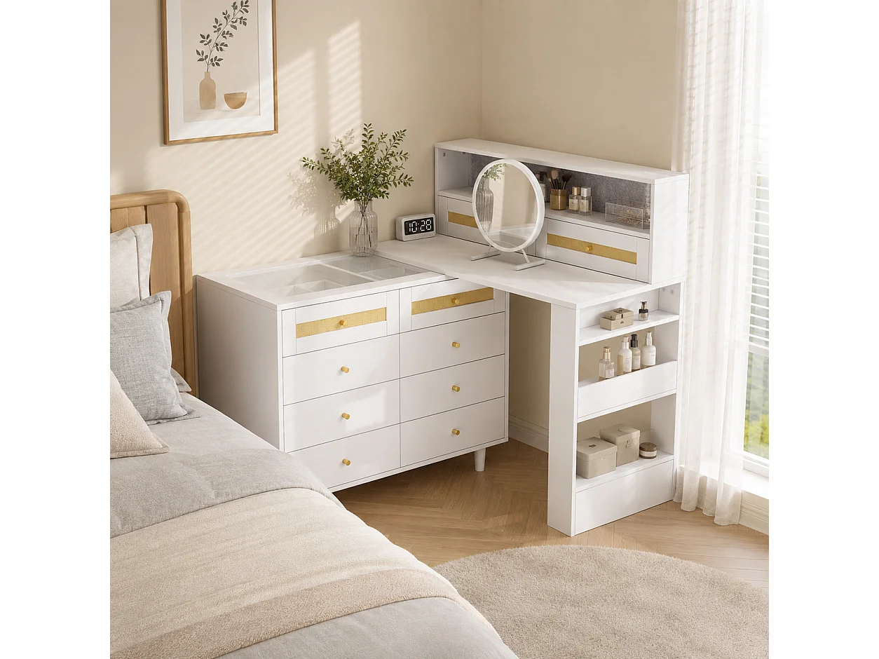 Modularer 3-in-1-Schminktisch 105 cm - Schminktisch mit 10 Schubladen, Glasplatte, seitlichem Regal & Rattan-Details - Weiß