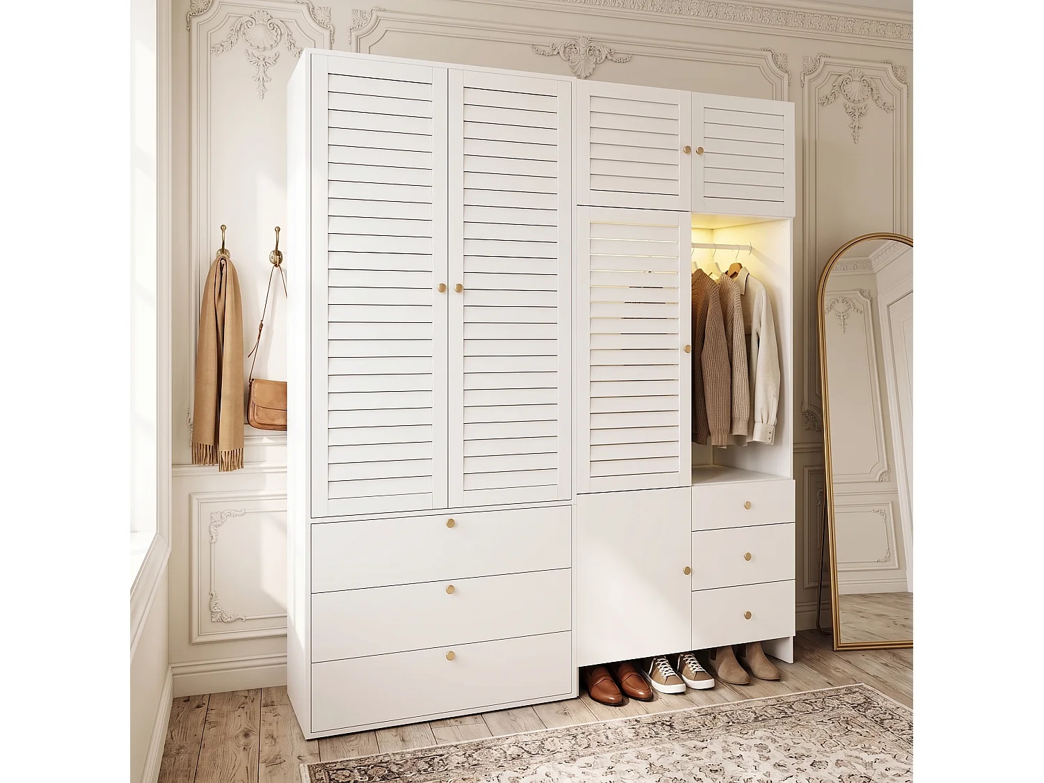 Grand Armoire Penderie 180x200cm avec LED & Panier à Linge - Meuble de Rangement XXL avec 2 Tringles & 6 Tiroirs - Blanc