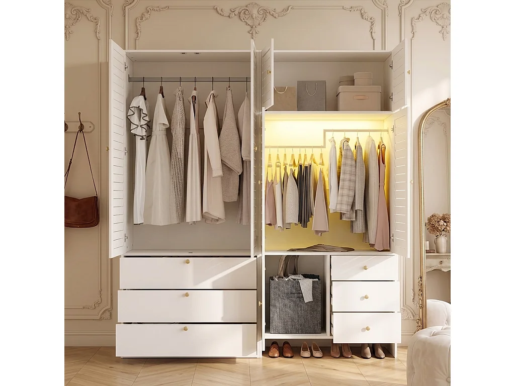 Grand Armoire Penderie 180x200cm avec LED & Panier à Linge - Meuble de Rangement XXL avec 2 Tringles & 6 Tiroirs - Blanc