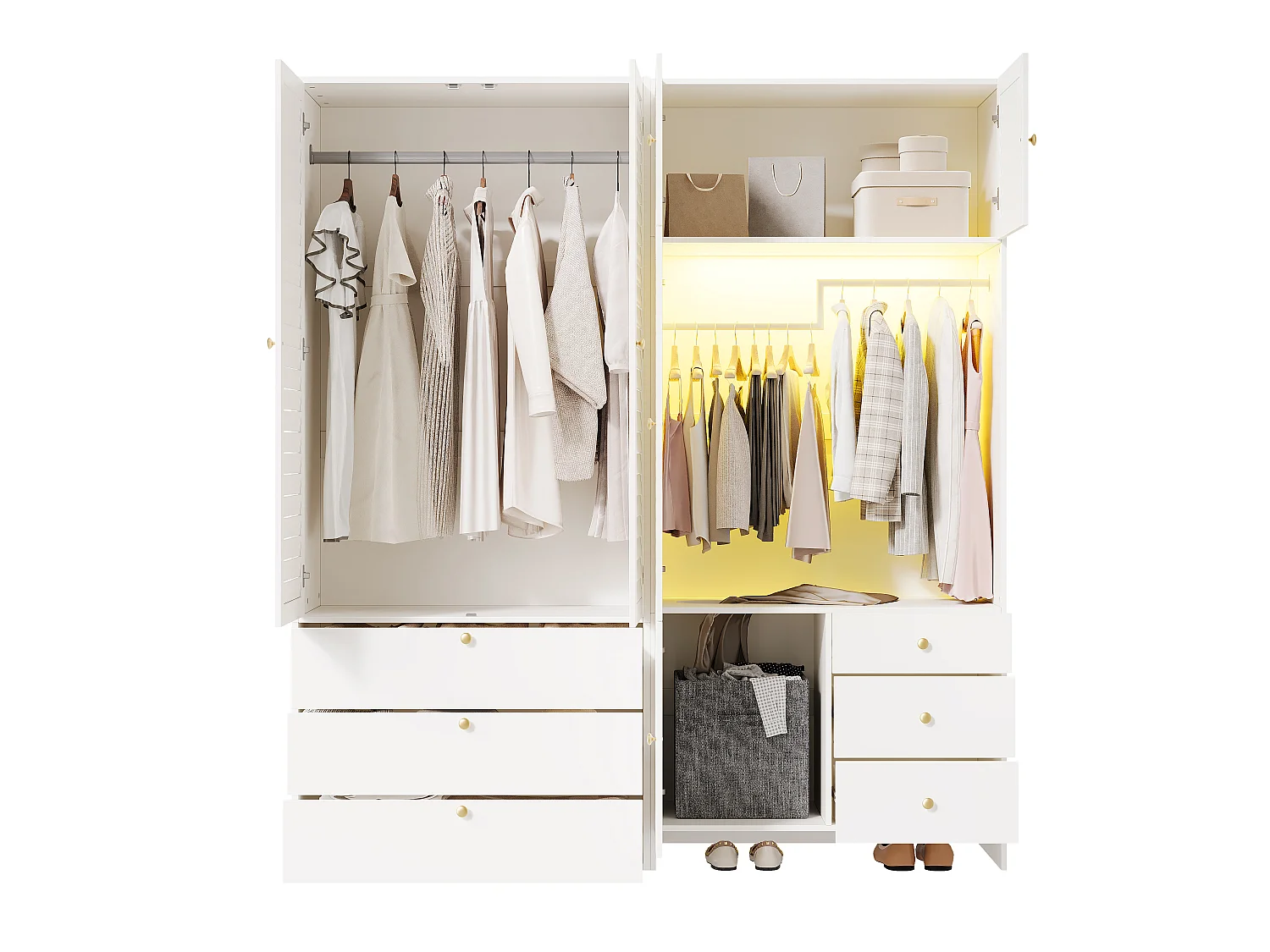 Grand Armoire Penderie 180x200cm avec LED & Panier à Linge - Meuble de Rangement XXL avec 2 Tringles & 6 Tiroirs - Blanc
