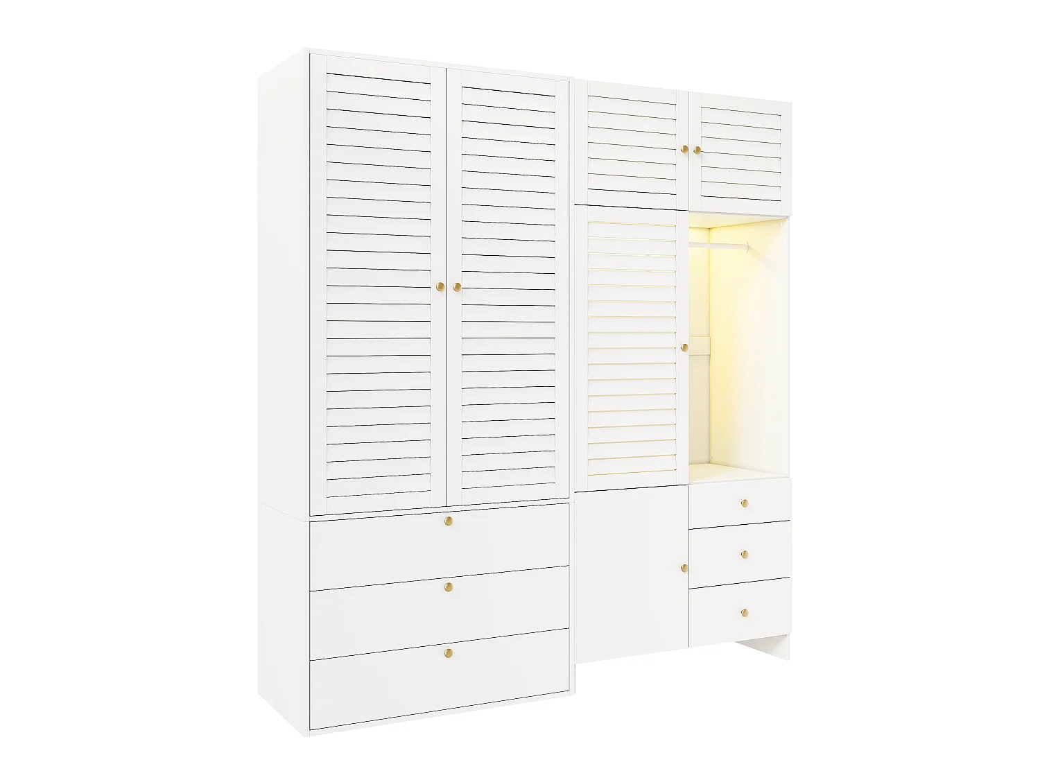 Grand Armoire Penderie 180x200cm avec LED & Panier à Linge - Meuble de Rangement XXL avec 2 Tringles & 6 Tiroirs - Blanc