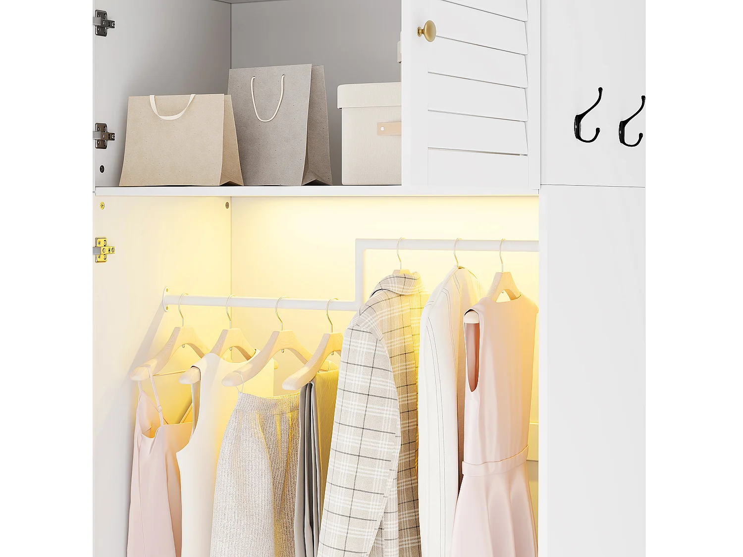 Grand Armoire Penderie 180x200cm avec LED & Panier à Linge - Meuble de Rangement XXL avec 2 Tringles & 6 Tiroirs - Blanc