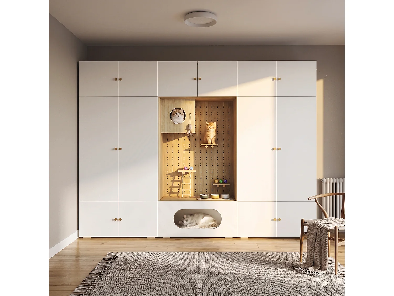 Duża Szafa Garderobiana 3 w 1 270x200 cm - z Garderobą, Ścieżką do Wspinaczki dla Kota, Budką i 11 Wnękami - Biała i Naturalna