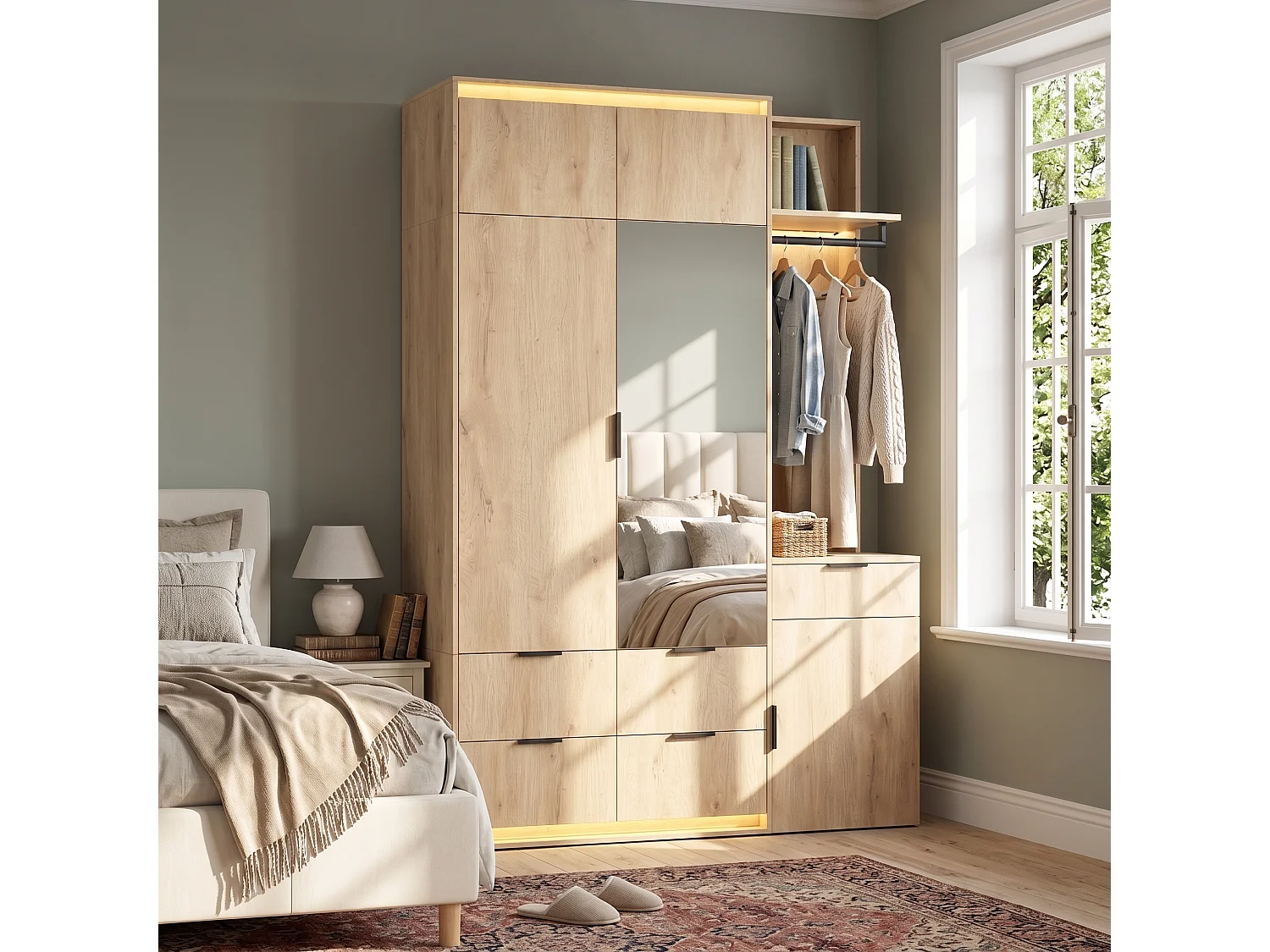 Armoire Penderie 135x200cm en Chêne avec Miroir & Triple LED - Grand Meuble de Rangement avec 2 Tringles & 5 Tiroirs - Naturel