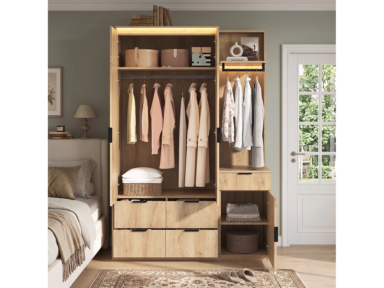 Armoire Penderie 135x200cm en Chêne avec Miroir & Triple LED - Grand Meuble de Rangement avec 2 Tringles & 5 Tiroirs - Naturel