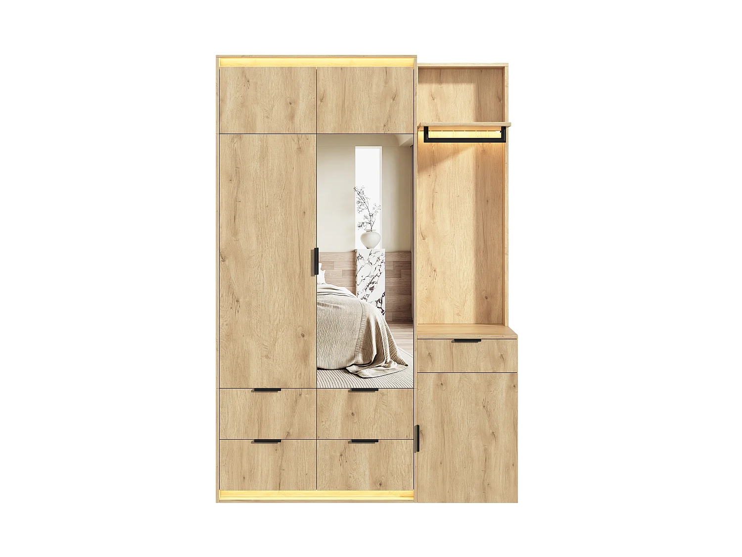 Armoire Penderie 135x200cm en Chêne avec Miroir & Triple LED - Grand Meuble de Rangement avec 2 Tringles & 5 Tiroirs - Naturel