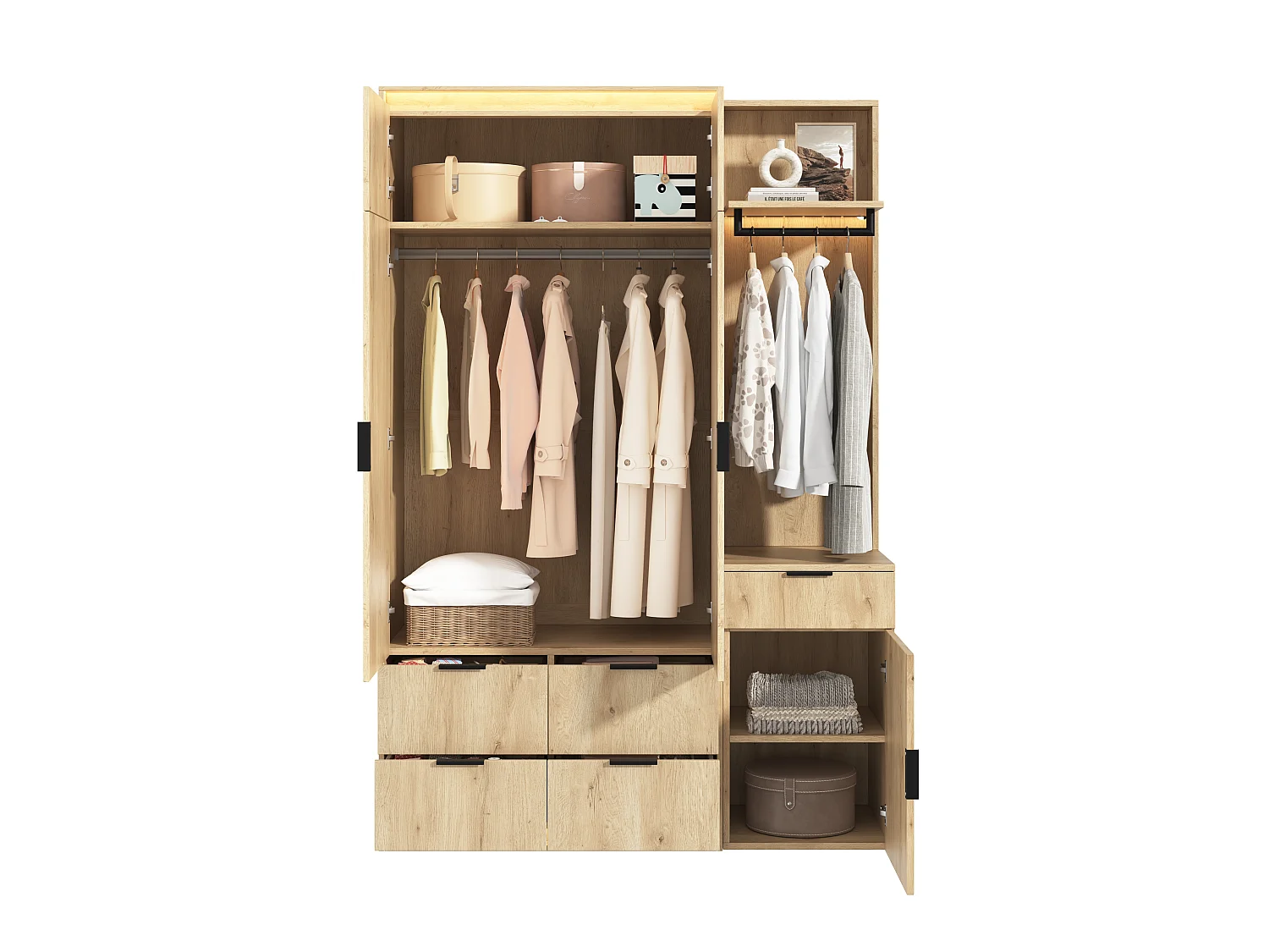 Armoire Penderie 135x200cm en Chêne avec Miroir & Triple LED - Grand Meuble de Rangement avec 2 Tringles & 5 Tiroirs - Naturel