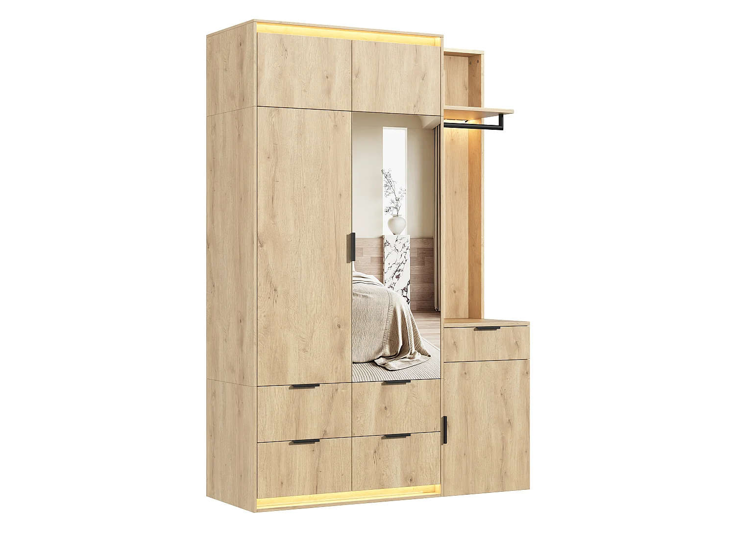 Armoire Penderie 135x200cm en Chêne avec Miroir & Triple LED - Grand Meuble de Rangement avec 2 Tringles & 5 Tiroirs - Naturel
