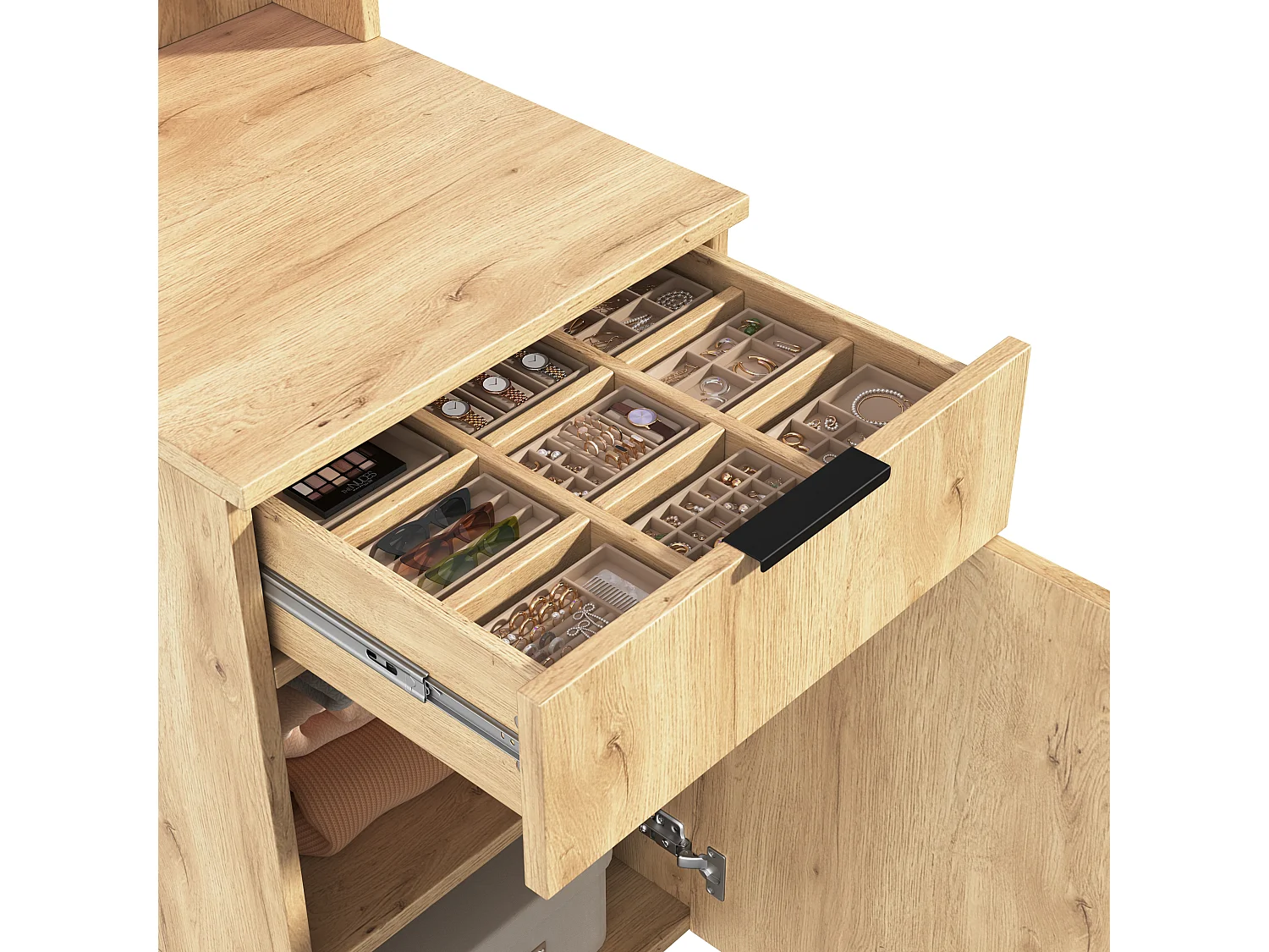 Armoire Penderie 135x200cm en Chêne avec Miroir & Triple LED - Grand Meuble de Rangement avec 2 Tringles & 5 Tiroirs - Naturel