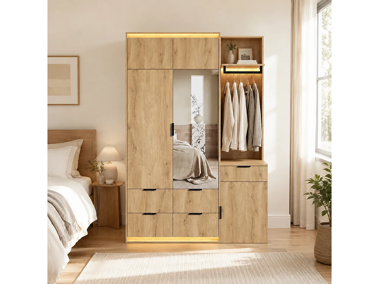 Armoire Penderie 135x200cm en Chêne avec Miroir & Triple LED - Grand Meuble de Rangement avec 2 Tringles & 5 Tiroirs - Naturel