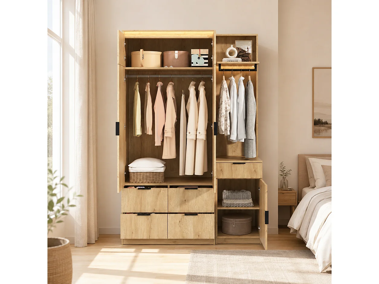 Armoire Penderie 135x200cm en Chêne avec Miroir & Triple LED - Grand Meuble de Rangement avec 2 Tringles & 5 Tiroirs - Naturel
