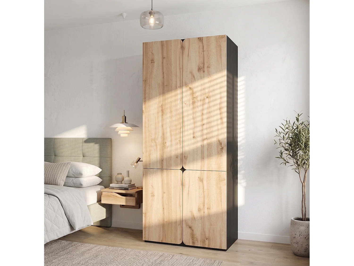 90x200 cm Oak Wardrobe - Modern Storage Cabinet with 4 Doors, 1 Hanging Rail & 3 Drawers, Contemporary Style - Natural