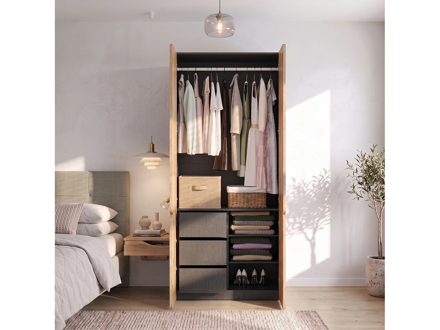 90x200 cm Oak Wardrobe - Modern Storage Cabinet with 4 Doors, 1 Hanging Rail & 3 Drawers, Contemporary Style - Natural