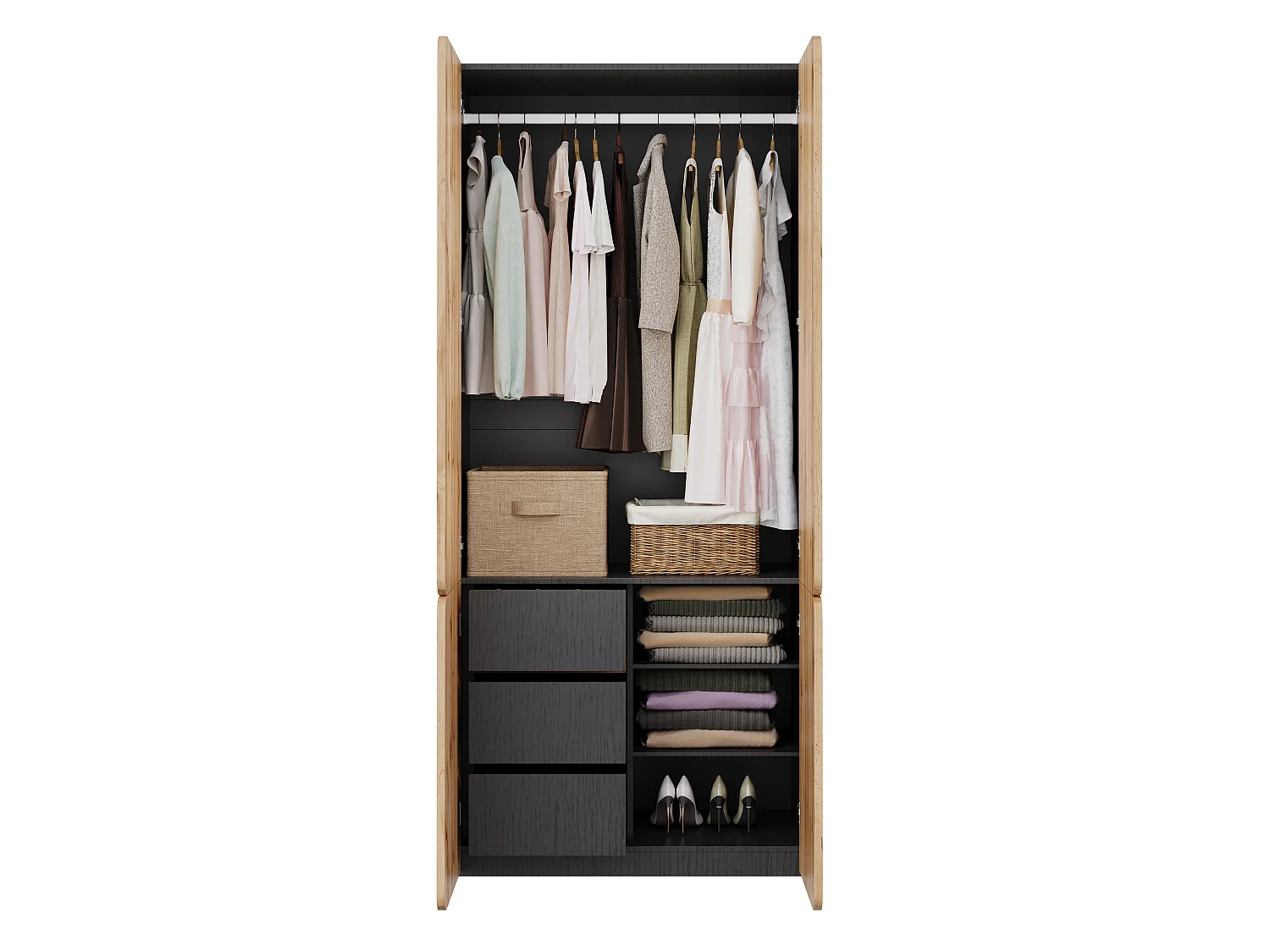 90x200 cm Oak Wardrobe - Modern Storage Cabinet with 4 Doors, 1 Hanging Rail & 3 Drawers, Contemporary Style - Natural