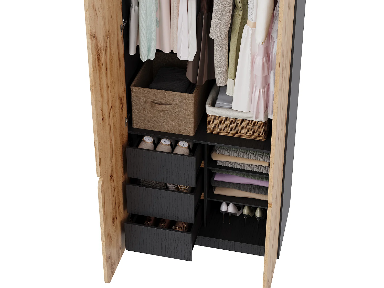 90x200 cm Oak Wardrobe - Modern Storage Cabinet with 4 Doors, 1 Hanging Rail & 3 Drawers, Contemporary Style - Natural
