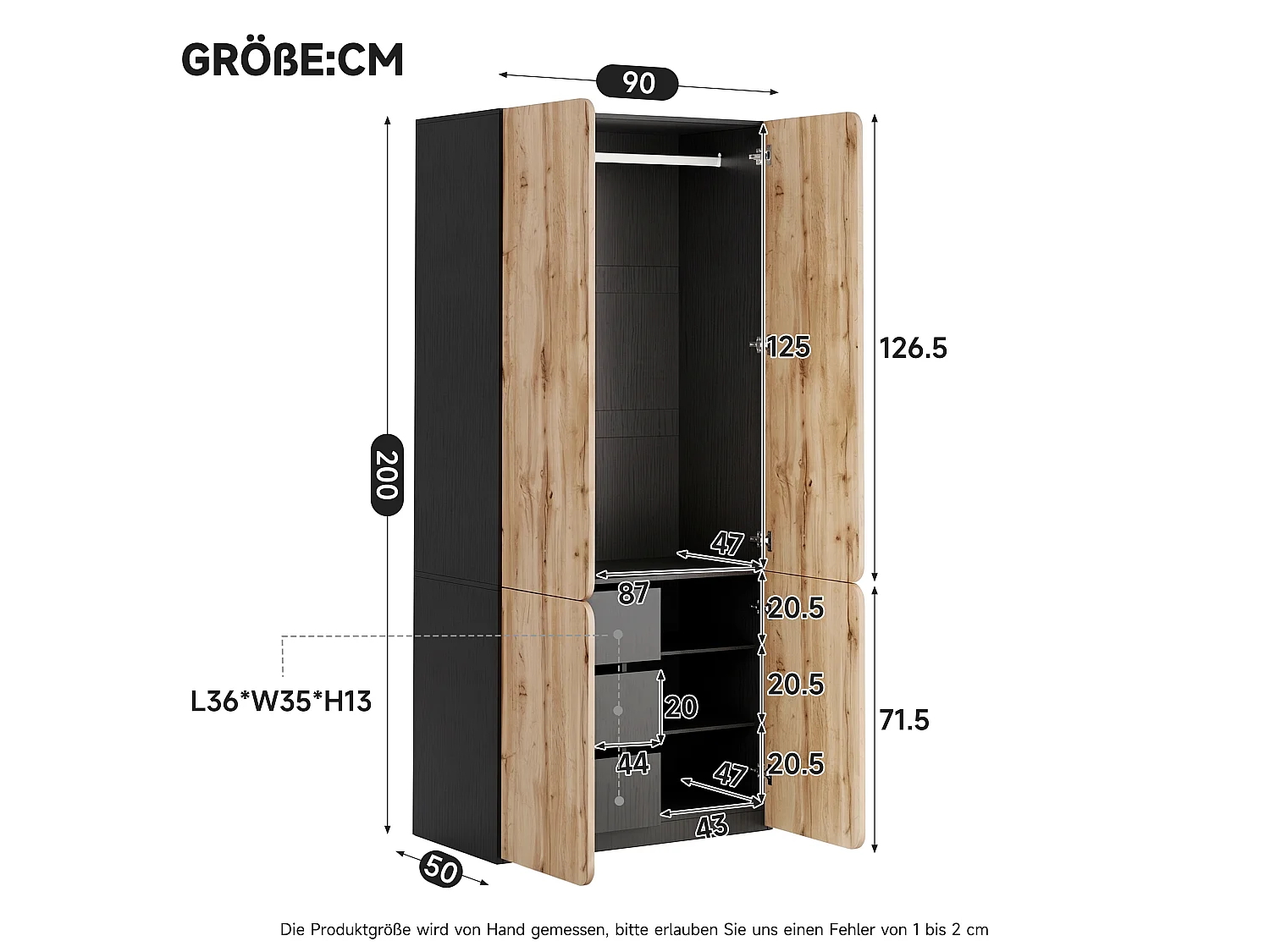 90x200 cm Oak Wardrobe - Modern Storage Cabinet with 4 Doors, 1 Hanging Rail & 3 Drawers, Contemporary Style - Natural