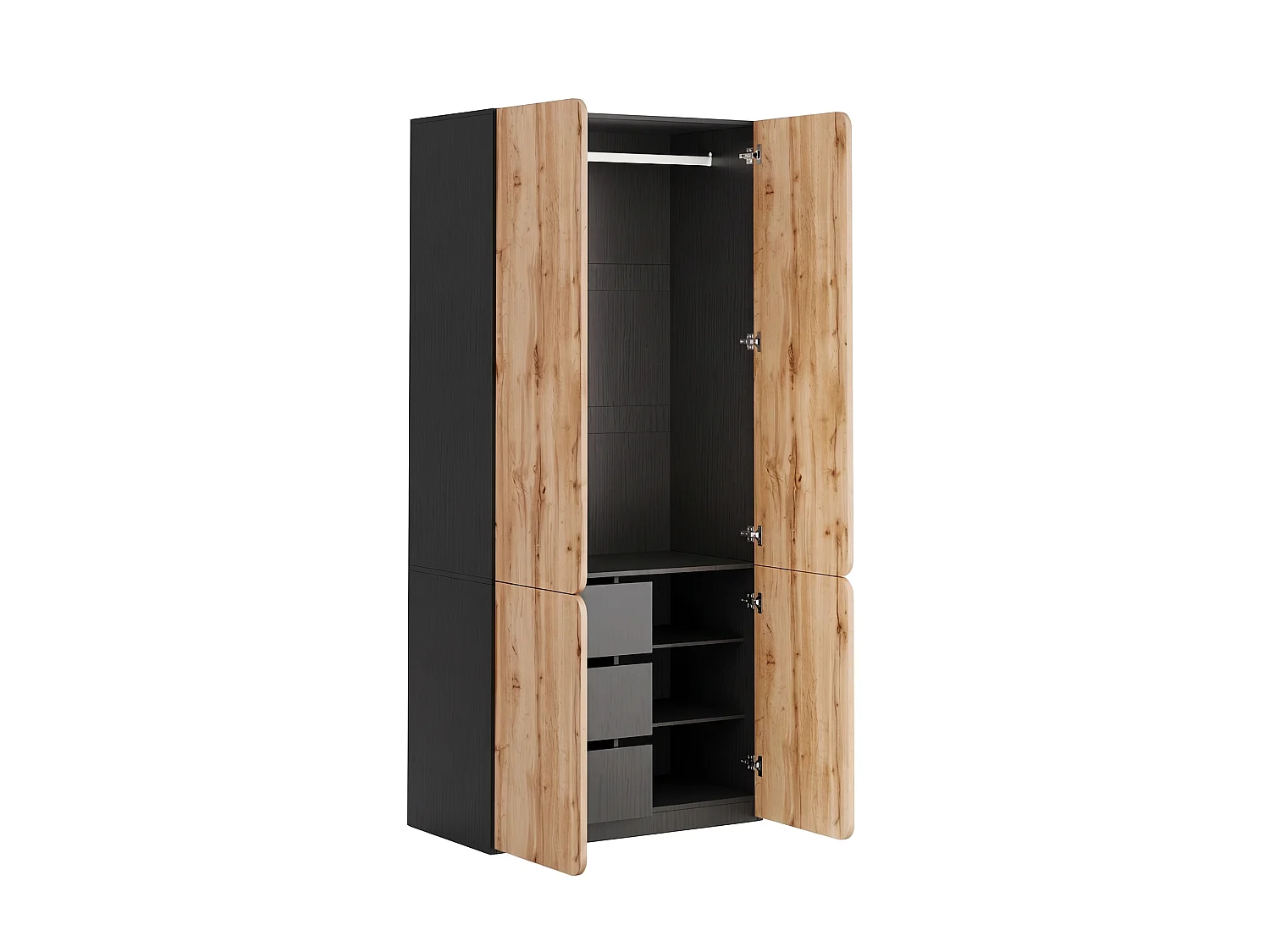 90x200 cm Oak Wardrobe - Modern Storage Cabinet with 4 Doors, 1 Hanging Rail & 3 Drawers, Contemporary Style - Natural