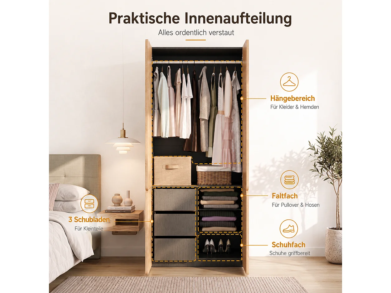 90x200 cm Oak Wardrobe - Modern Storage Cabinet with 4 Doors, 1 Hanging Rail & 3 Drawers, Contemporary Style - Natural