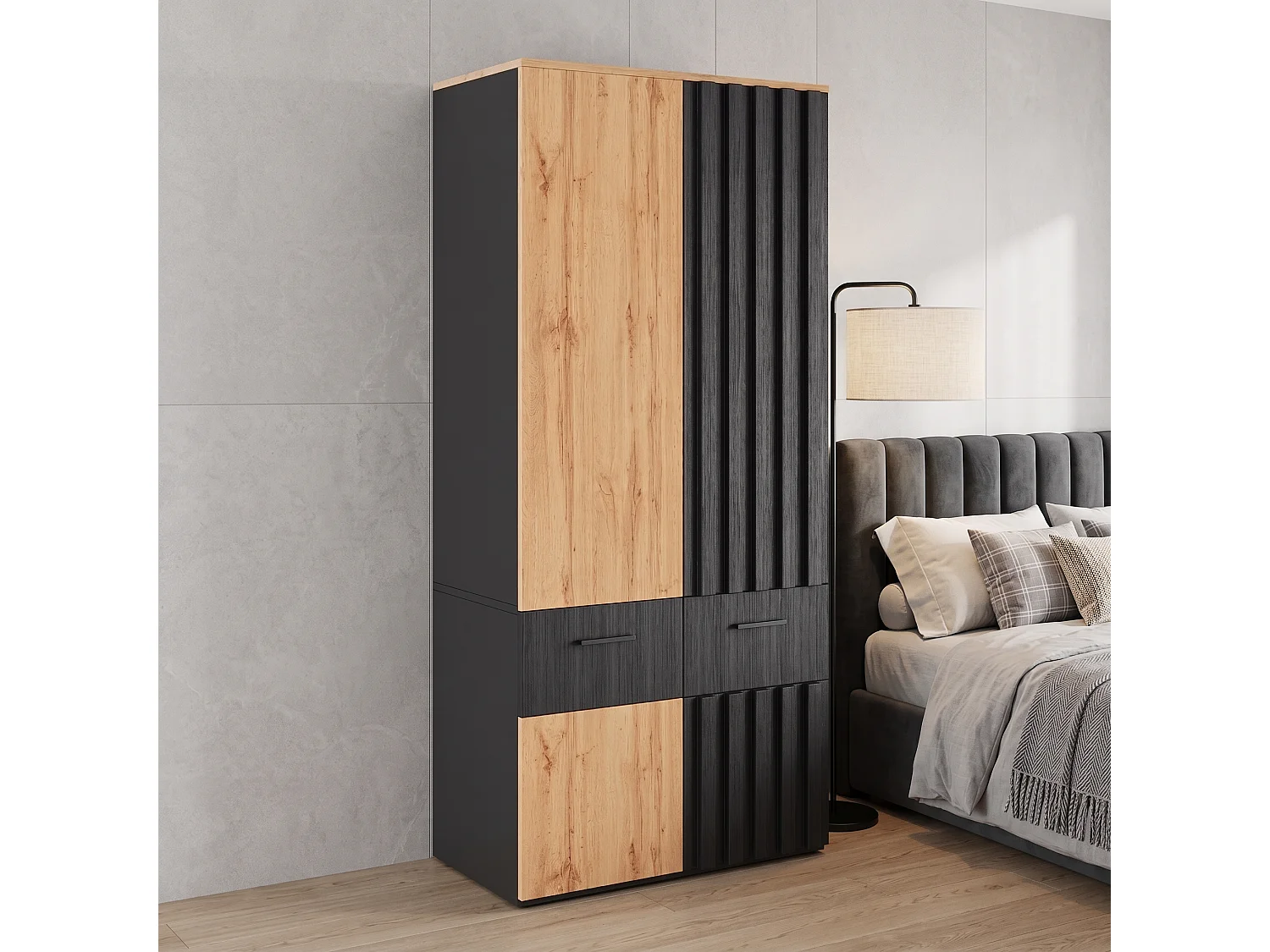 Armario Ropero de Listones de 90x200 cm - Mueble de Almacenamiento Moderno con 1 Barra para Colgar, 2 Cajones y 2 Compartimentos - Negro y Natural