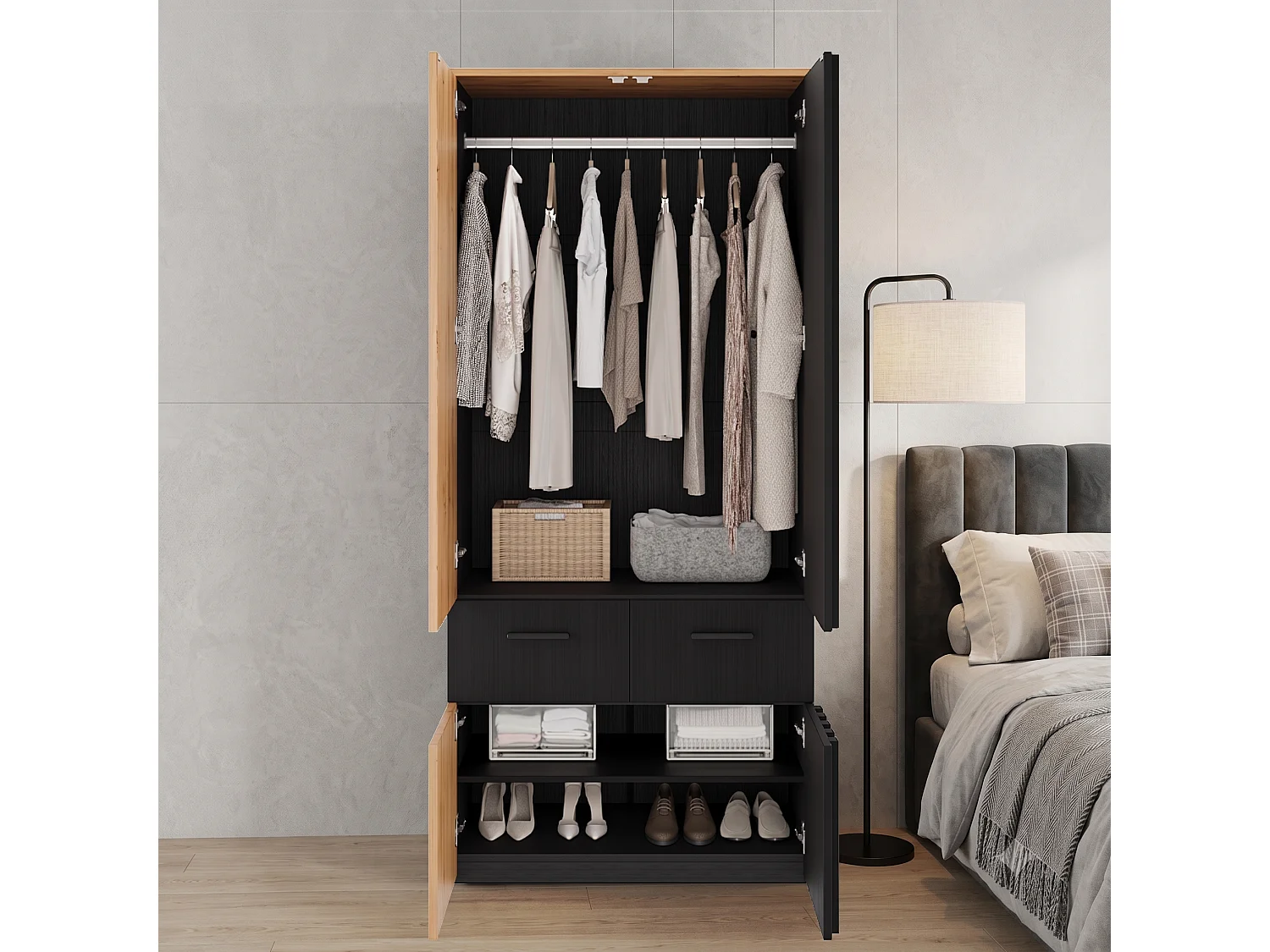 Armario Ropero de Listones de 90x200 cm - Mueble de Almacenamiento Moderno con 1 Barra para Colgar, 2 Cajones y 2 Compartimentos - Negro y Natural