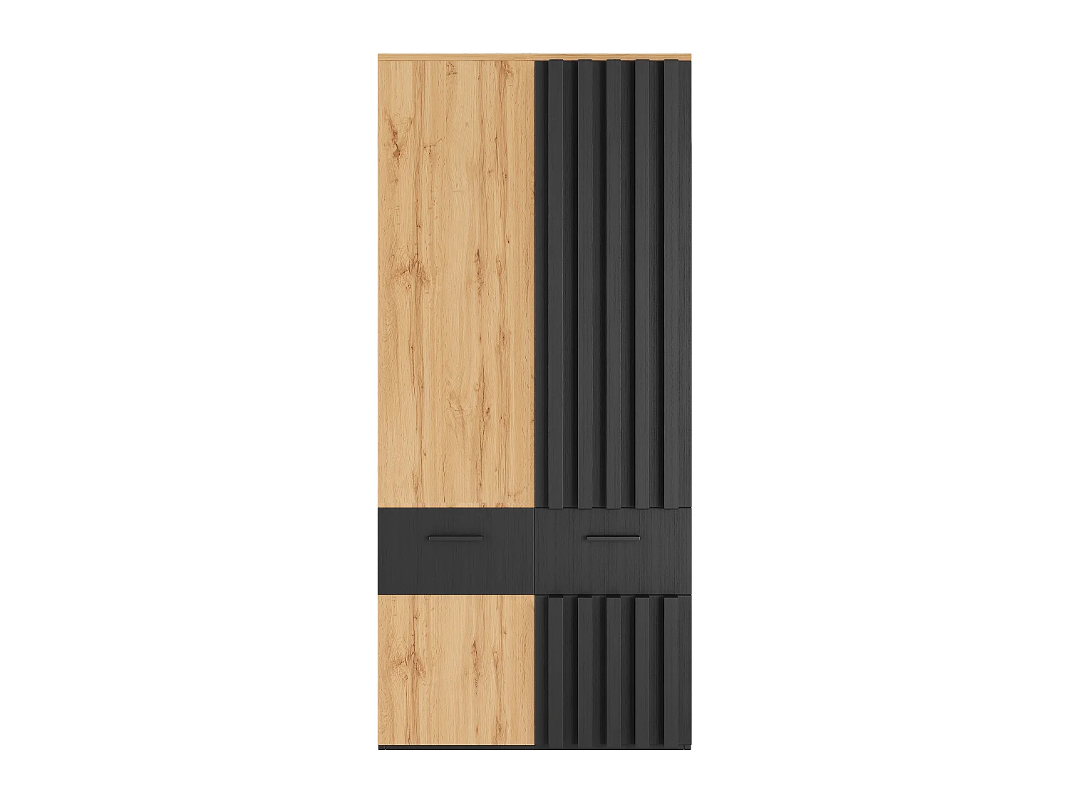 Armario Ropero de Listones de 90x200 cm - Mueble de Almacenamiento Moderno con 1 Barra para Colgar, 2 Cajones y 2 Compartimentos - Negro y Natural