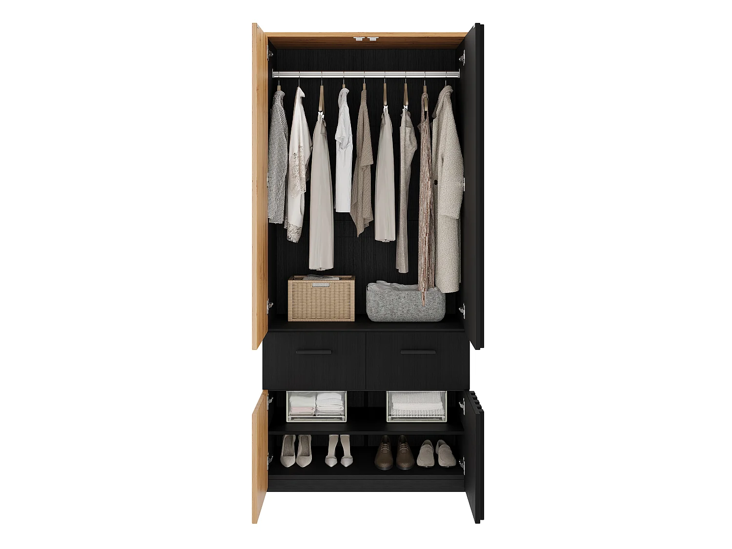Armario Ropero de Listones de 90x200 cm - Mueble de Almacenamiento Moderno con 1 Barra para Colgar, 2 Cajones y 2 Compartimentos - Negro y Natural