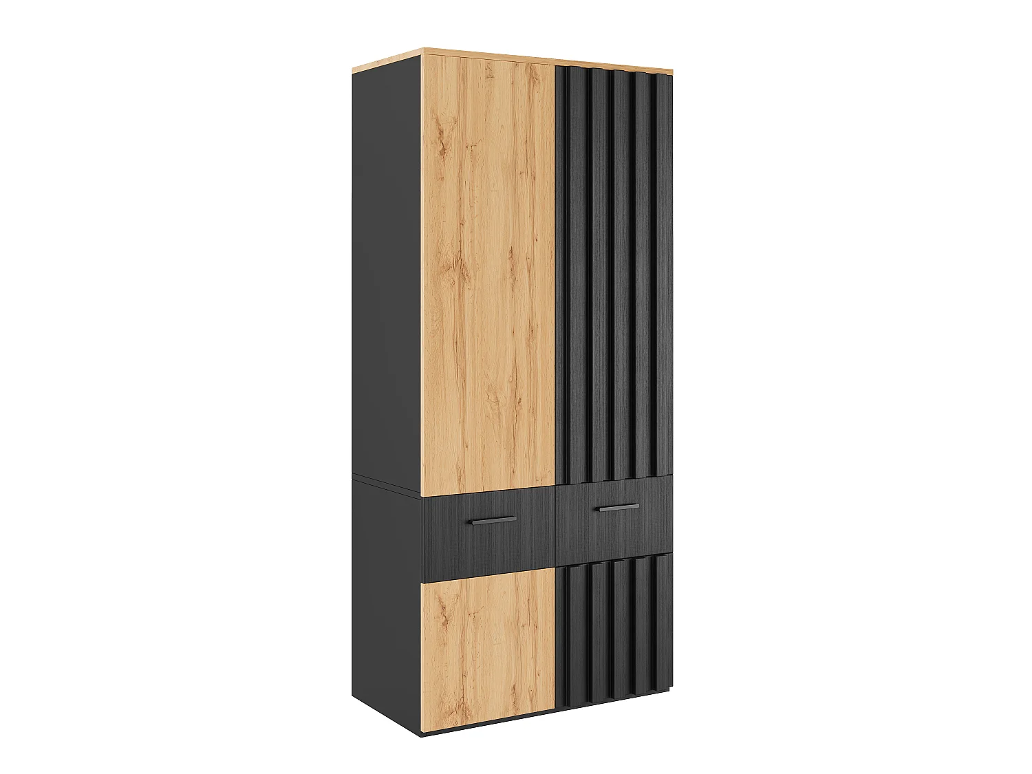 Armario Ropero de Listones de 90x200 cm - Mueble de Almacenamiento Moderno con 1 Barra para Colgar, 2 Cajones y 2 Compartimentos - Negro y Natural