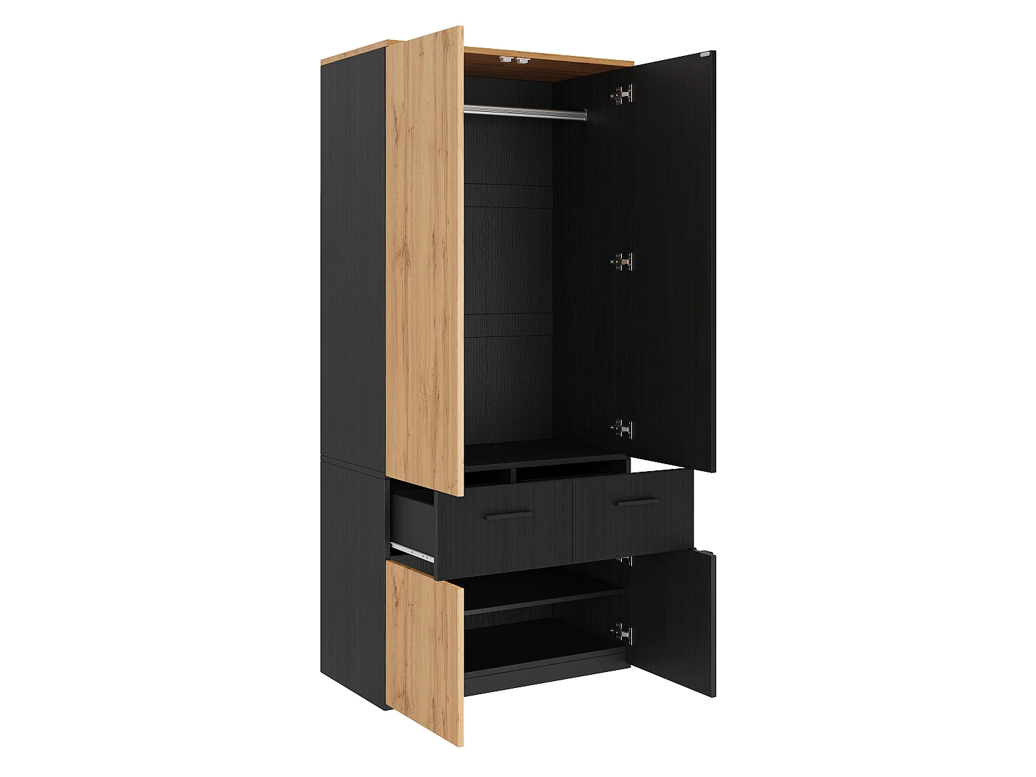Armario Ropero de Listones de 90x200 cm - Mueble de Almacenamiento Moderno con 1 Barra para Colgar, 2 Cajones y 2 Compartimentos - Negro y Natural